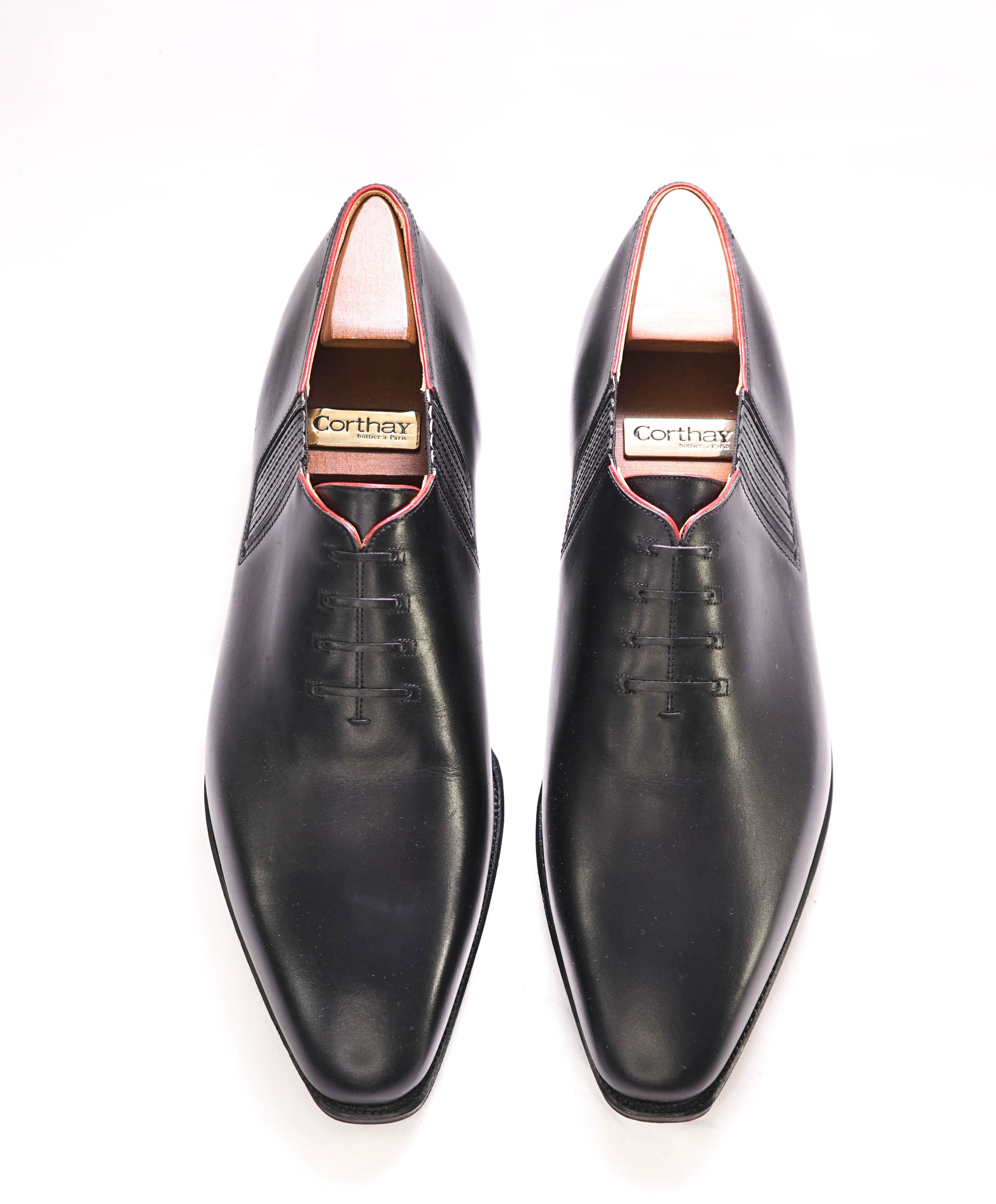 $2,150 CORTHAY - Twist Pullman French Calf Leather Black/Red Piped Oxfords - 9.5 US