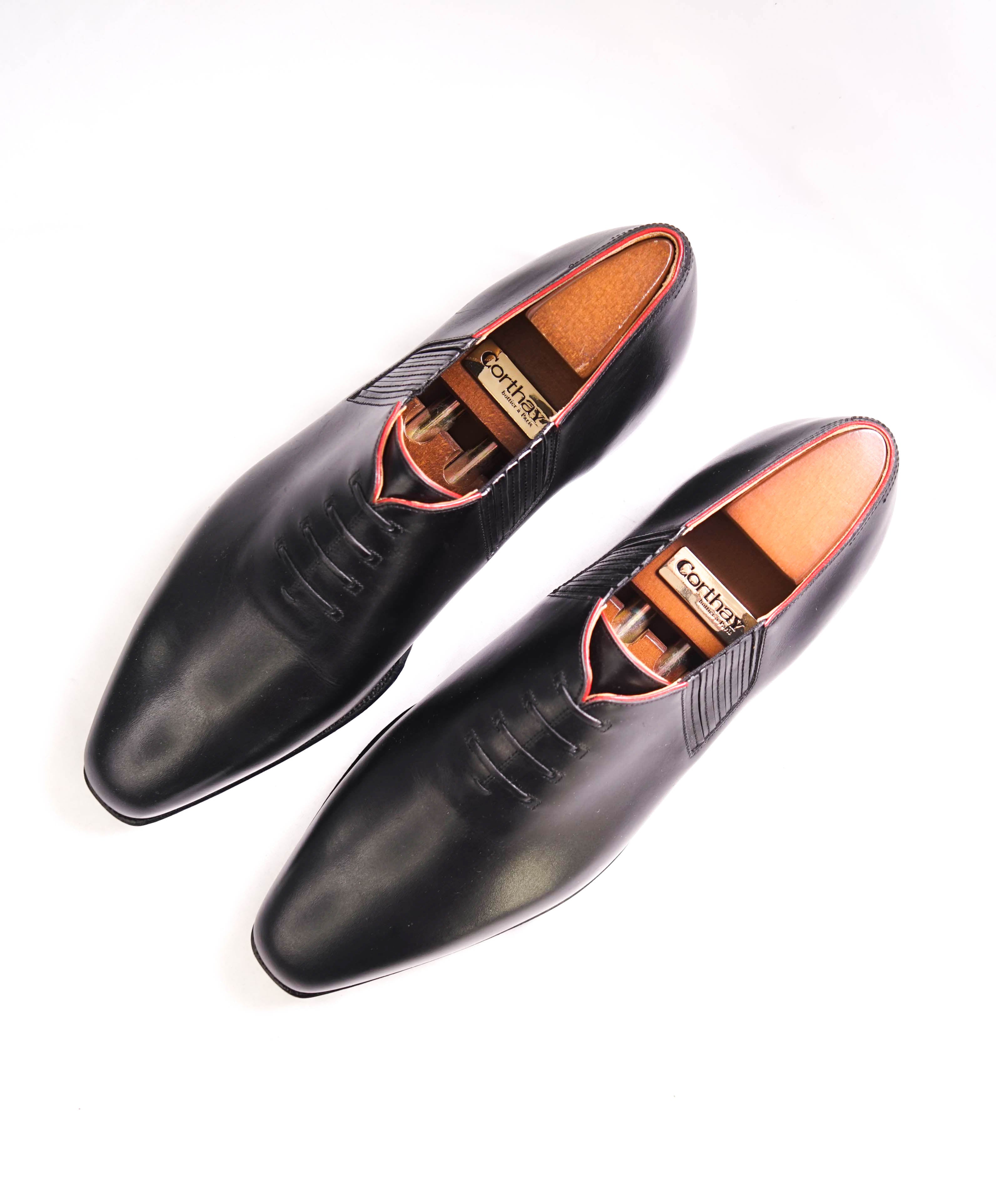 $2,150 CORTHAY - Twist Pullman French Calf Leather Black/Red Piped Oxfords - 9.5 US