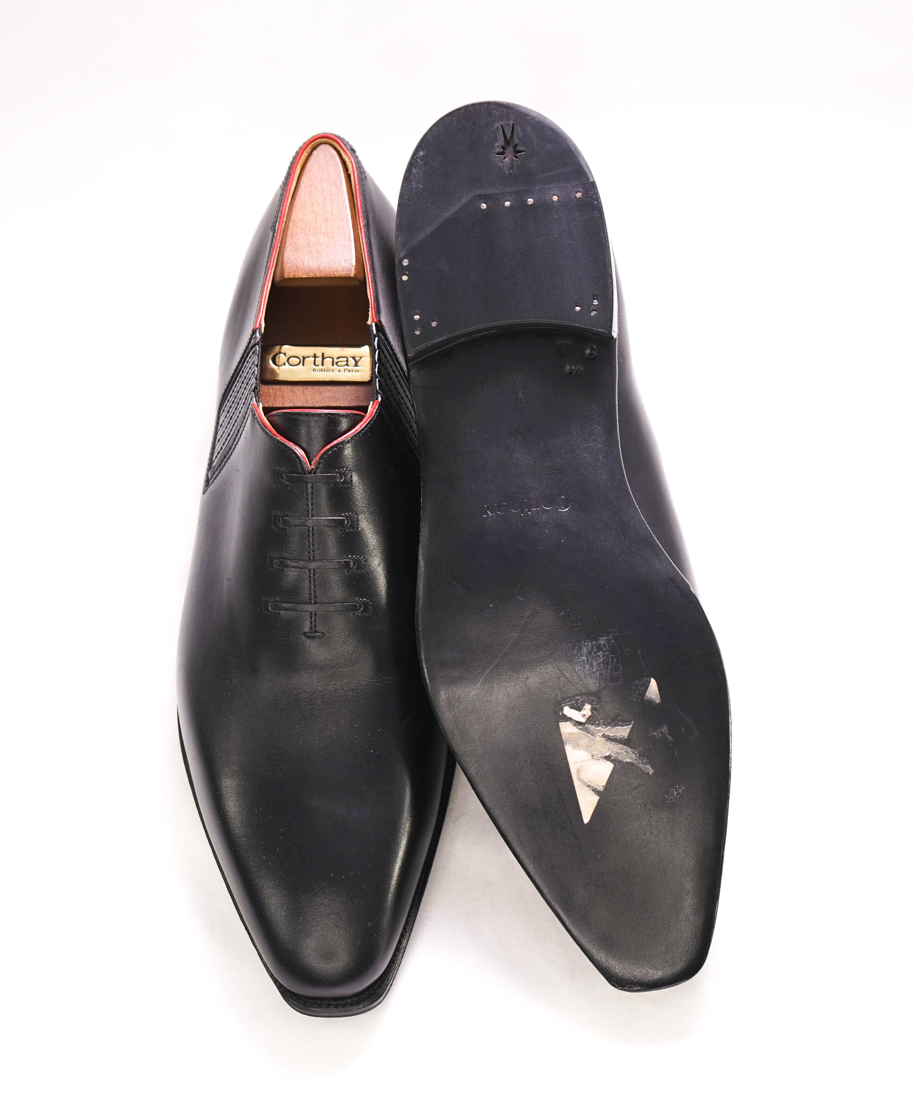 $2,150 CORTHAY - Twist Pullman French Calf Leather Black/Red Piped Oxfords - 9.5 US