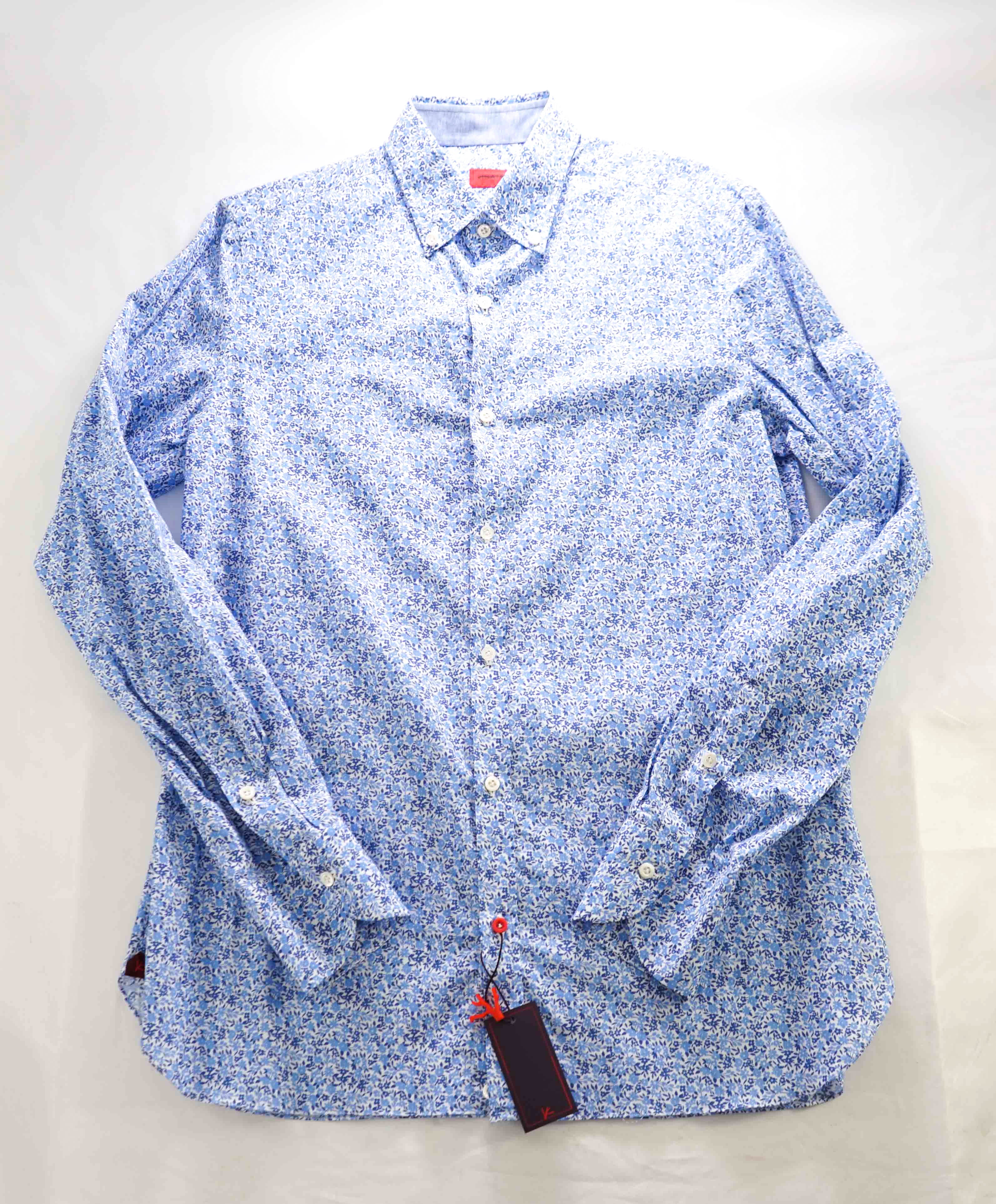 $625 ISAIA - LINEN Blend Blue Spread Collar FLORAL Dress Shirt "LOGO" - 15.5 39