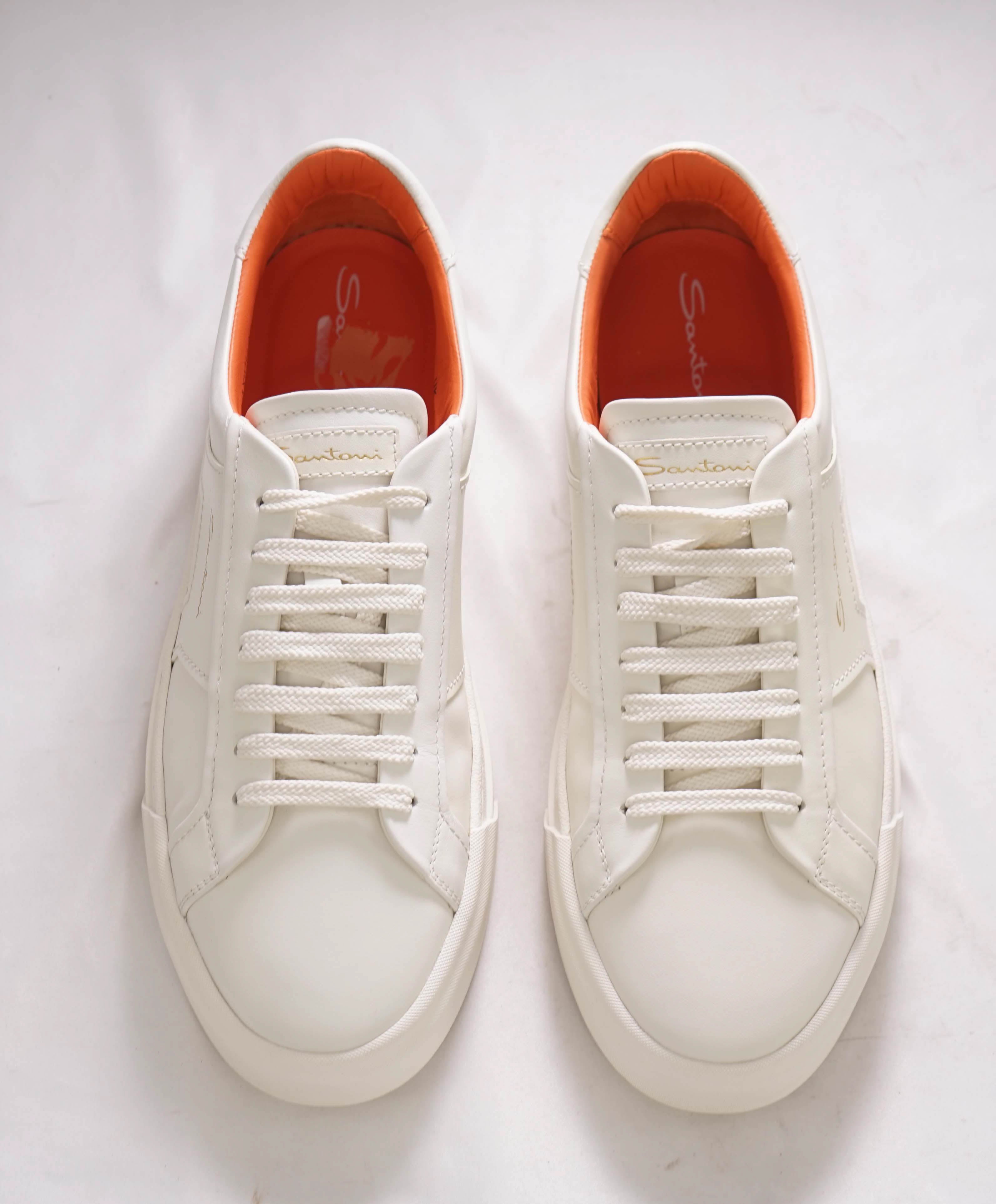 $795 SANTONI - White Leather Double Buckle Full Leather Sneakers - 10 US (9 IT)