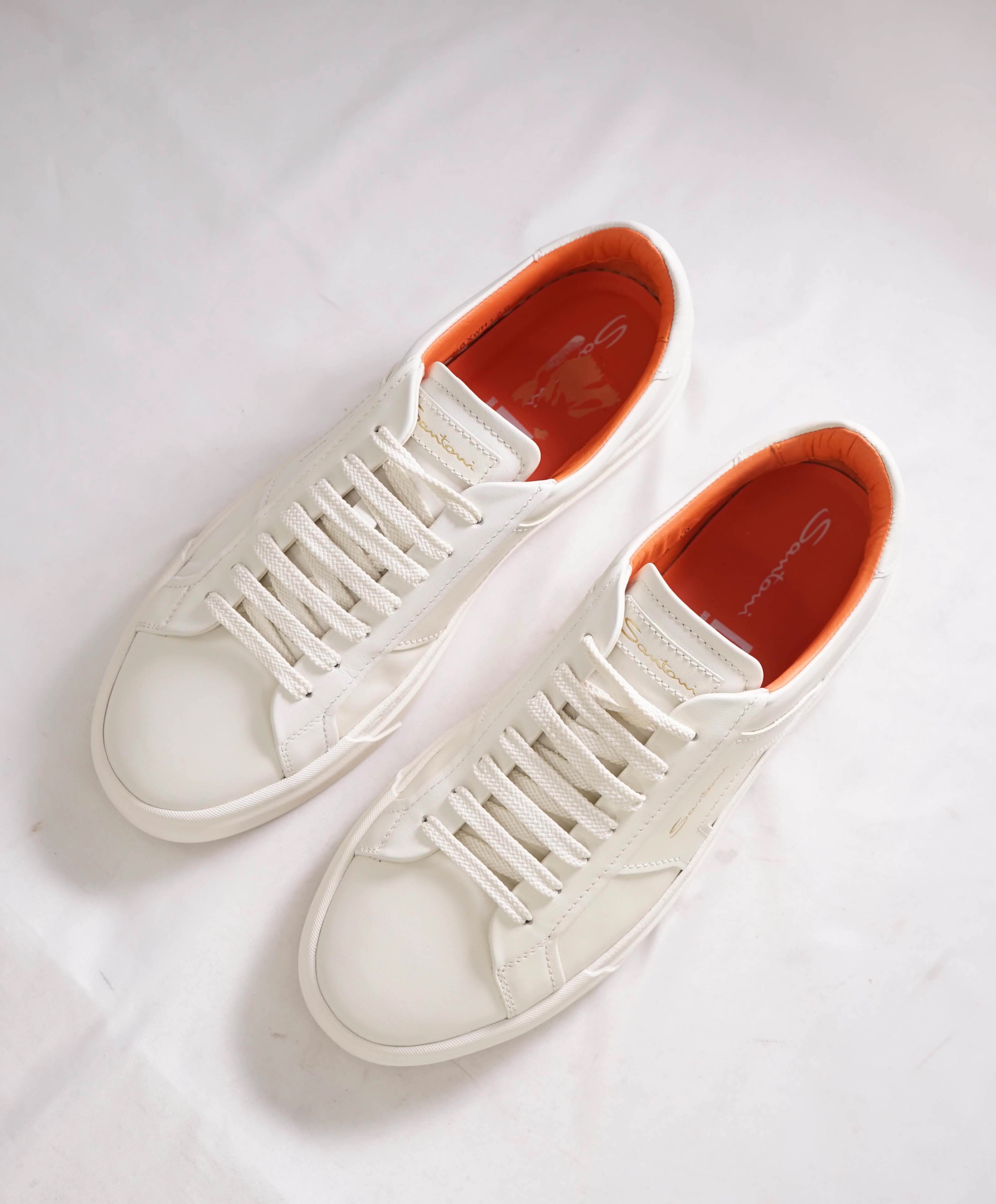 $795 SANTONI - White Leather Double Buckle Full Leather Sneakers - 10 US (9 IT)