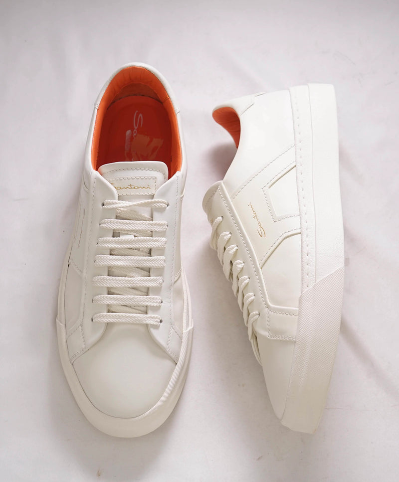 $795 SANTONI - White Leather Double Buckle Full Leather Sneakers - 10 US (9 IT)