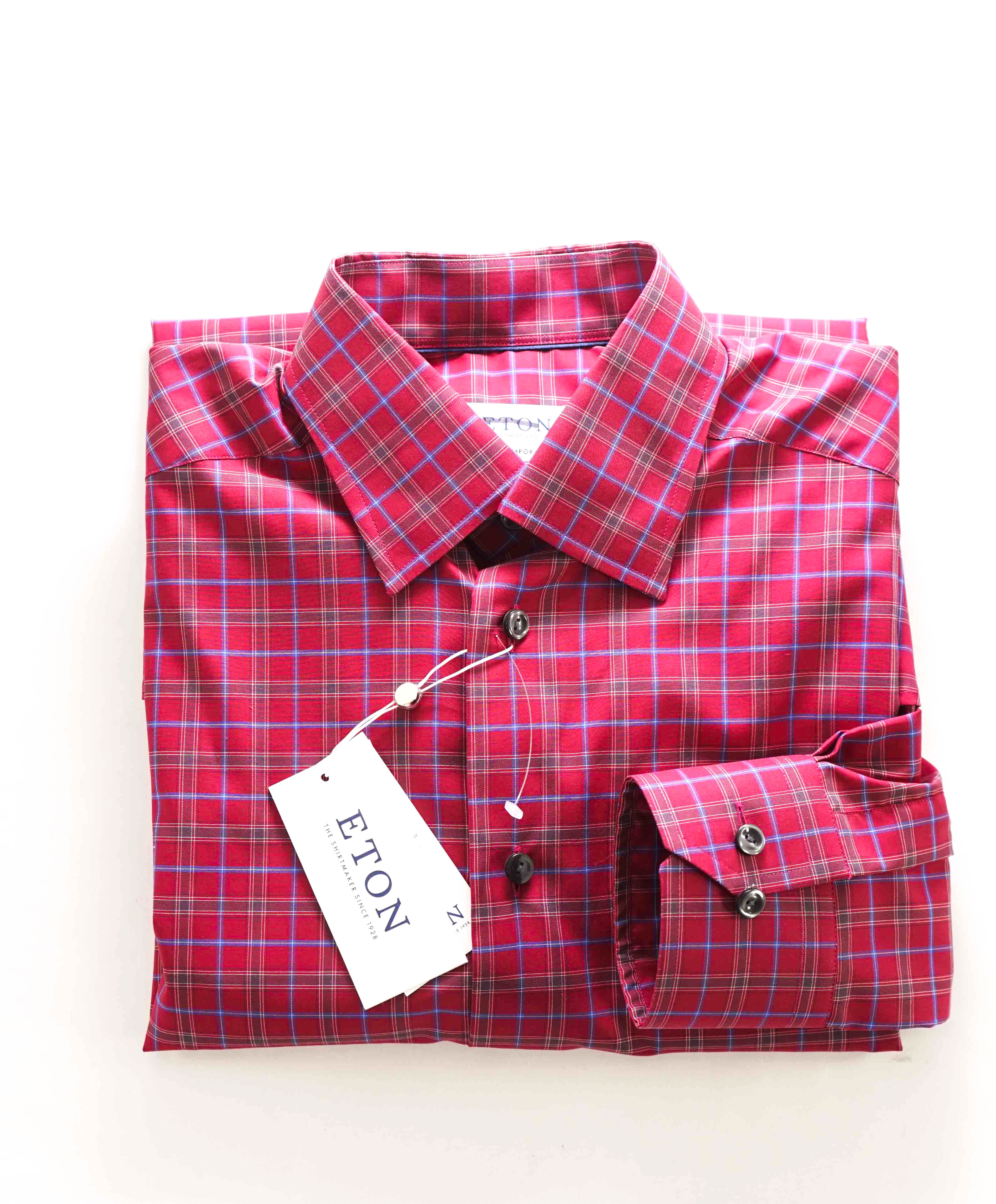 $295 ETON - Pink Check "Contemporary" Spread Collar Button Down Shirt - 15 38