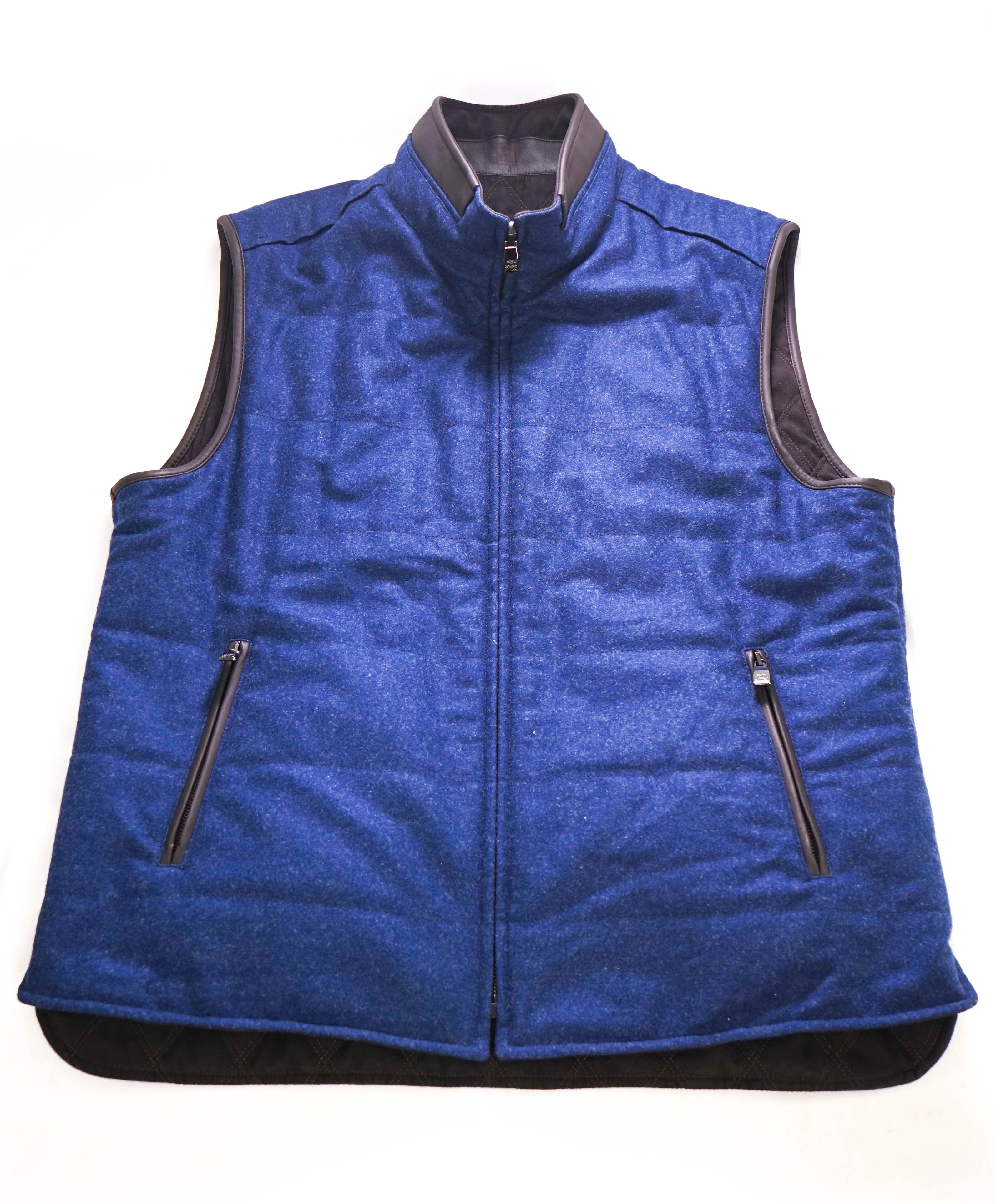 $1,595 CORNELIANI - Quilted Brown SUEDE & Blue Wool Reversible Vest  - 40R