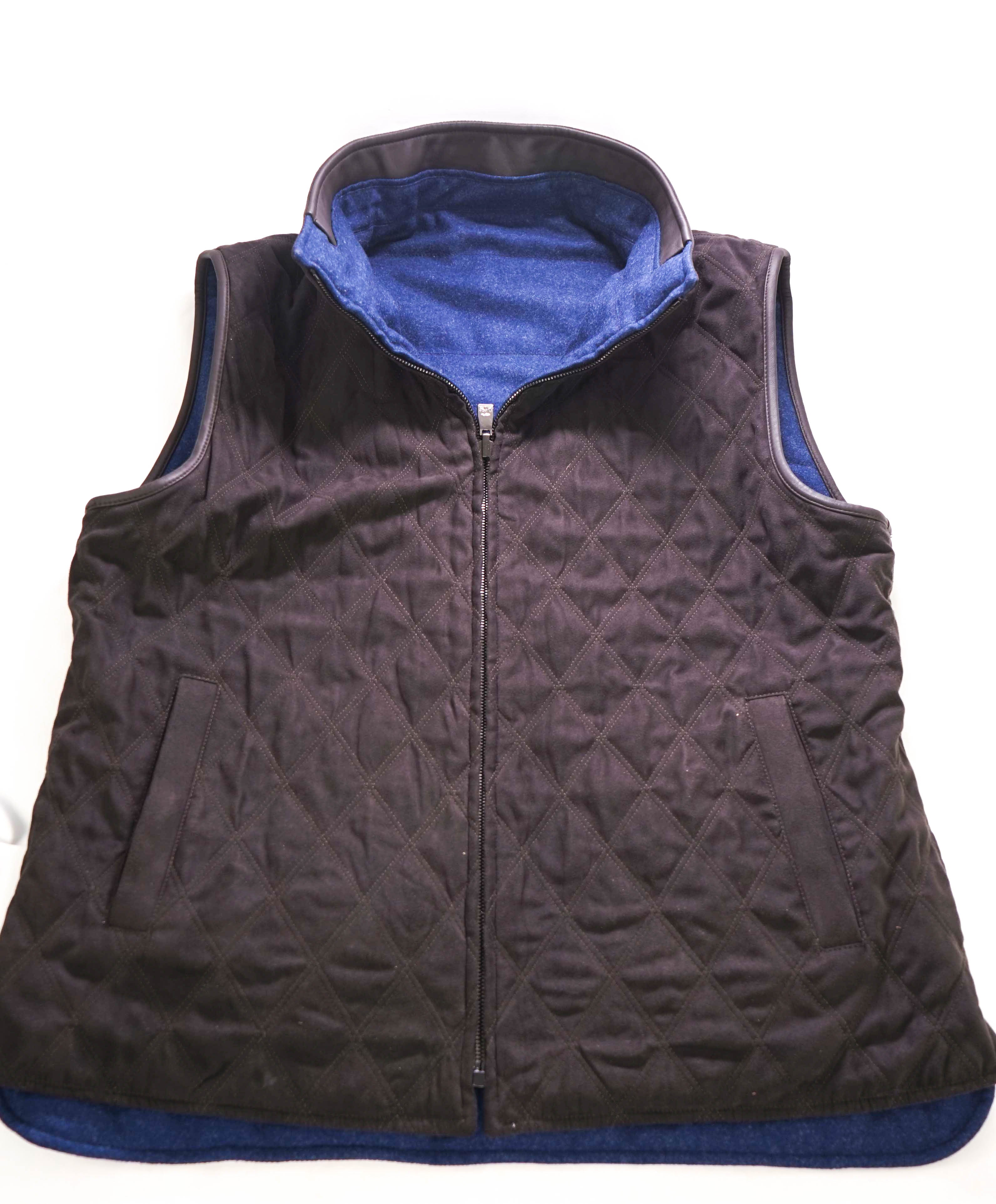 $1,595 CORNELIANI - Quilted Brown SUEDE & Blue Wool Reversible Vest  - 40R