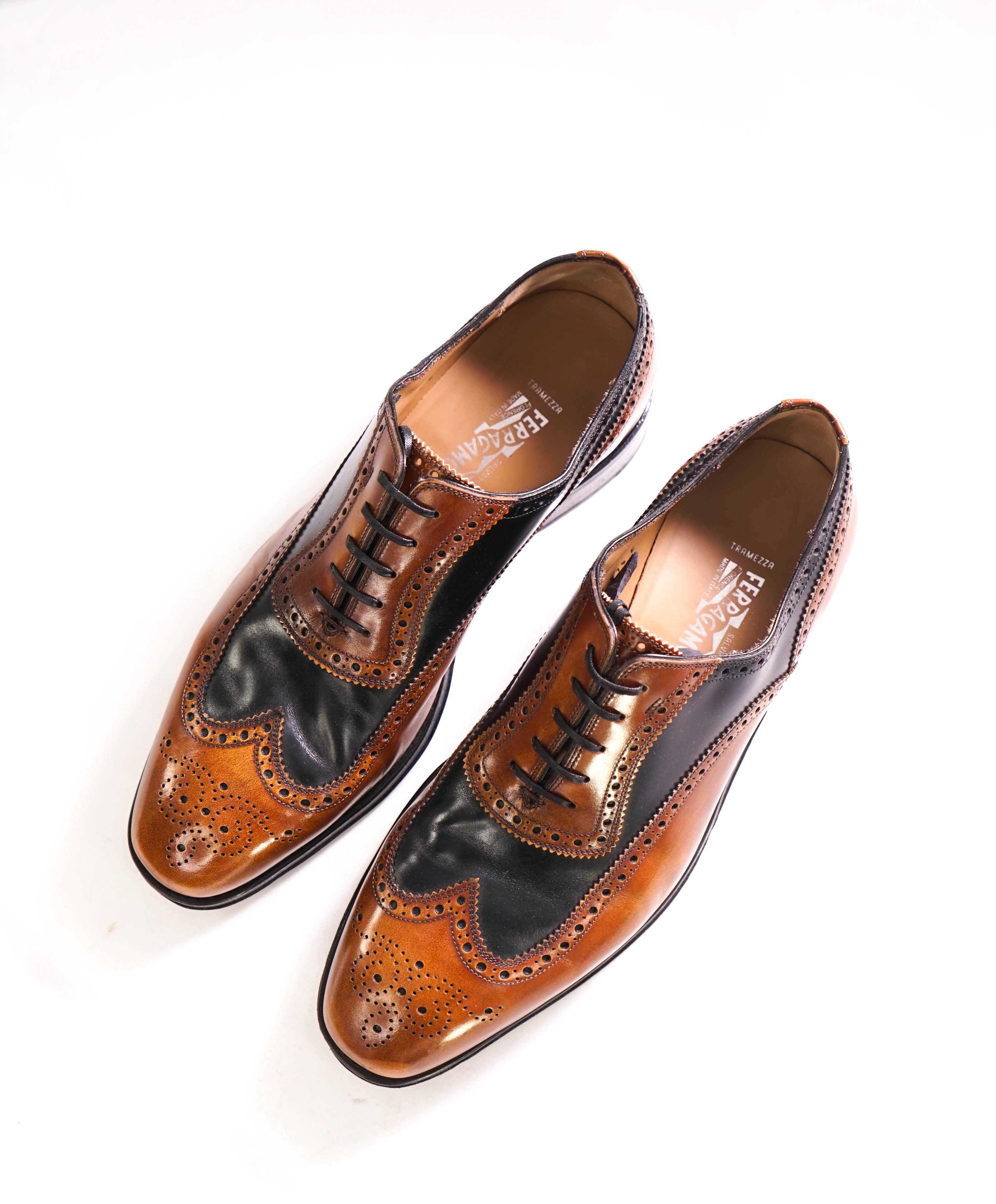 $1,250 SALVATORE FERRAGAMO - "TRAMEZZA" Black/Brown Leather Oxford - 11.5 E