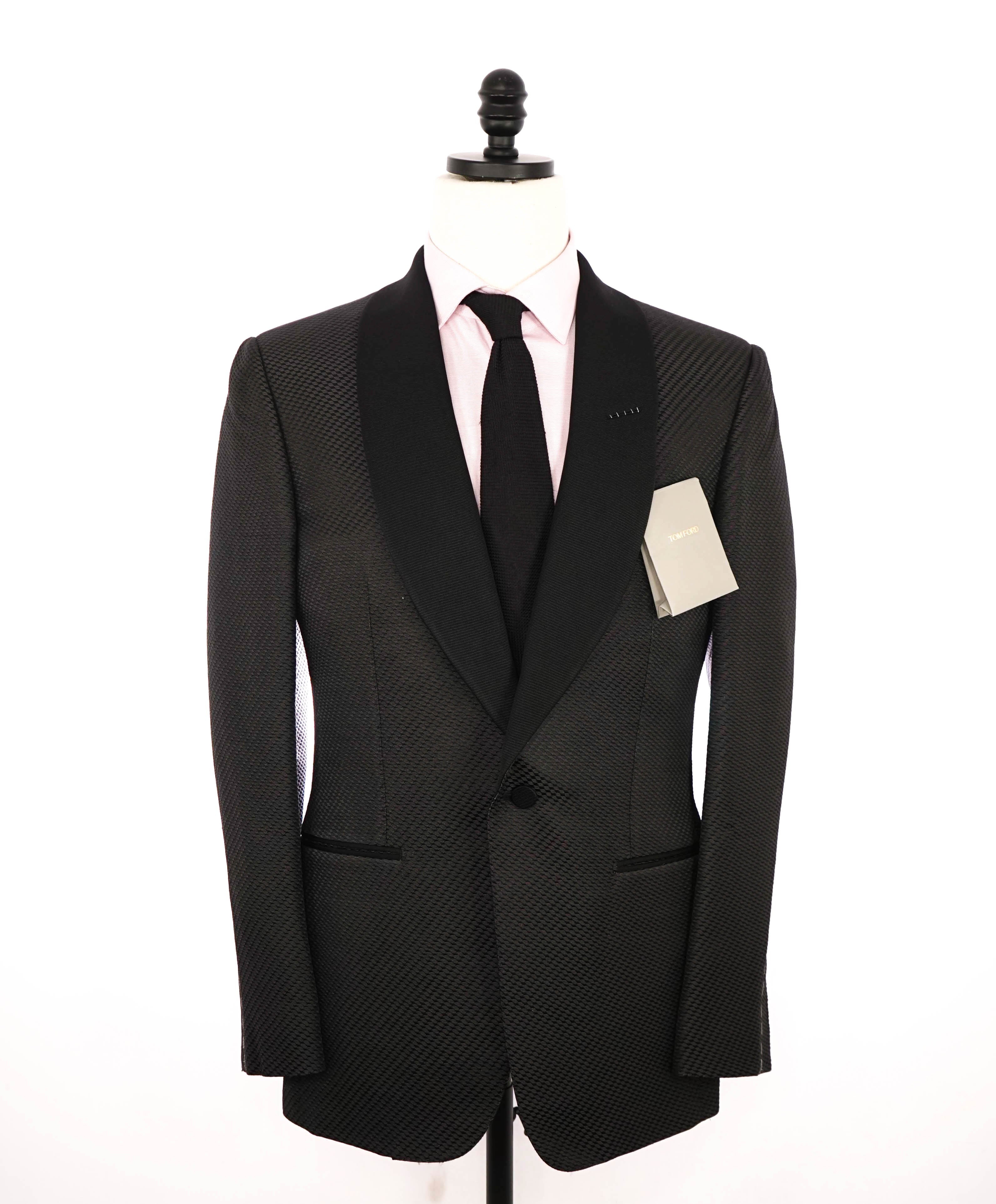 $6,250 TOM FORD - SHAWL COLLAR Geometric Black on Black Dinner Jacket 1-Piece - 38R