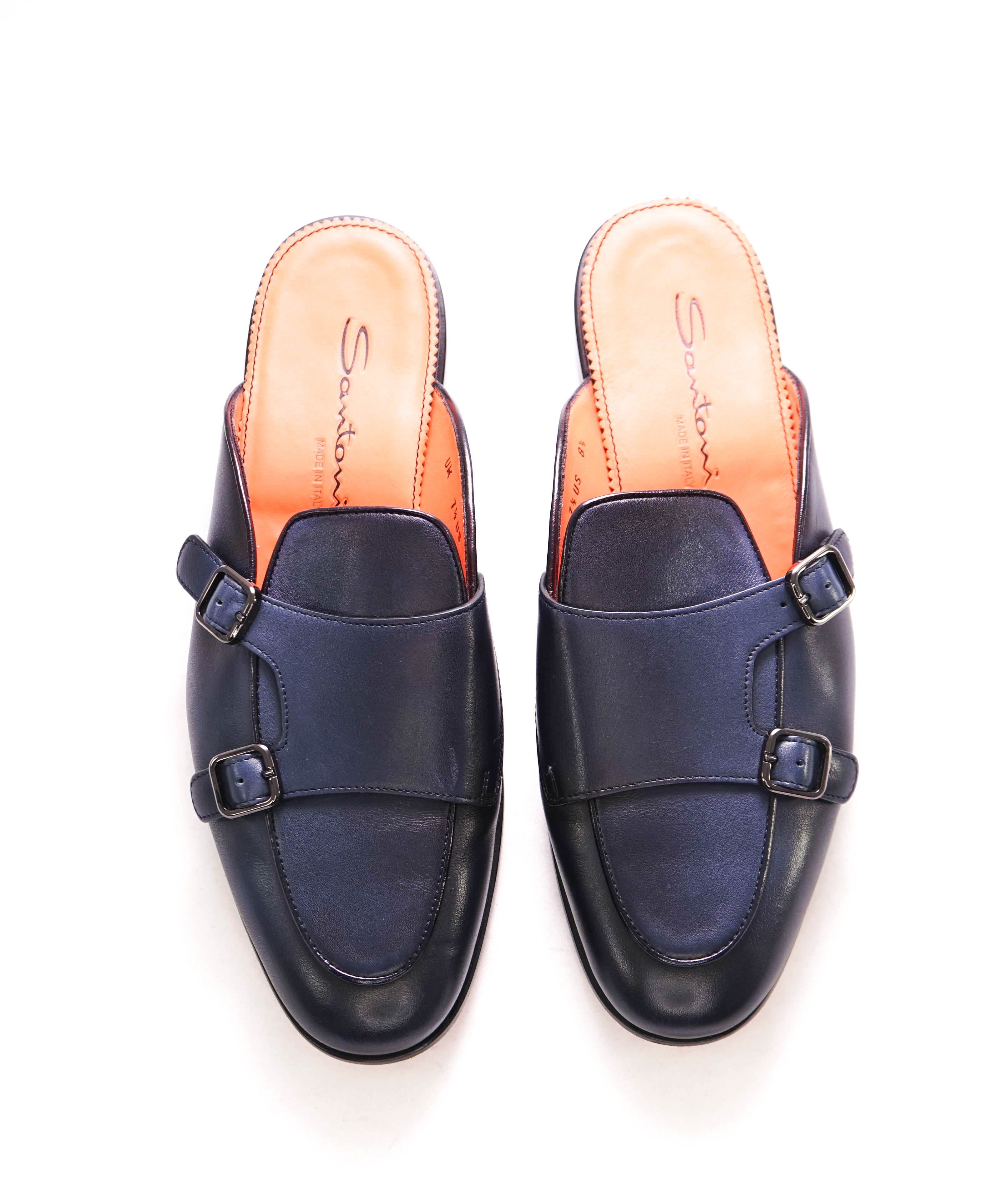 $850 SANTONI - Blue Leather DOUBLE MONK Soft Slip-On Loafers Mules Slides - 8.5 D US