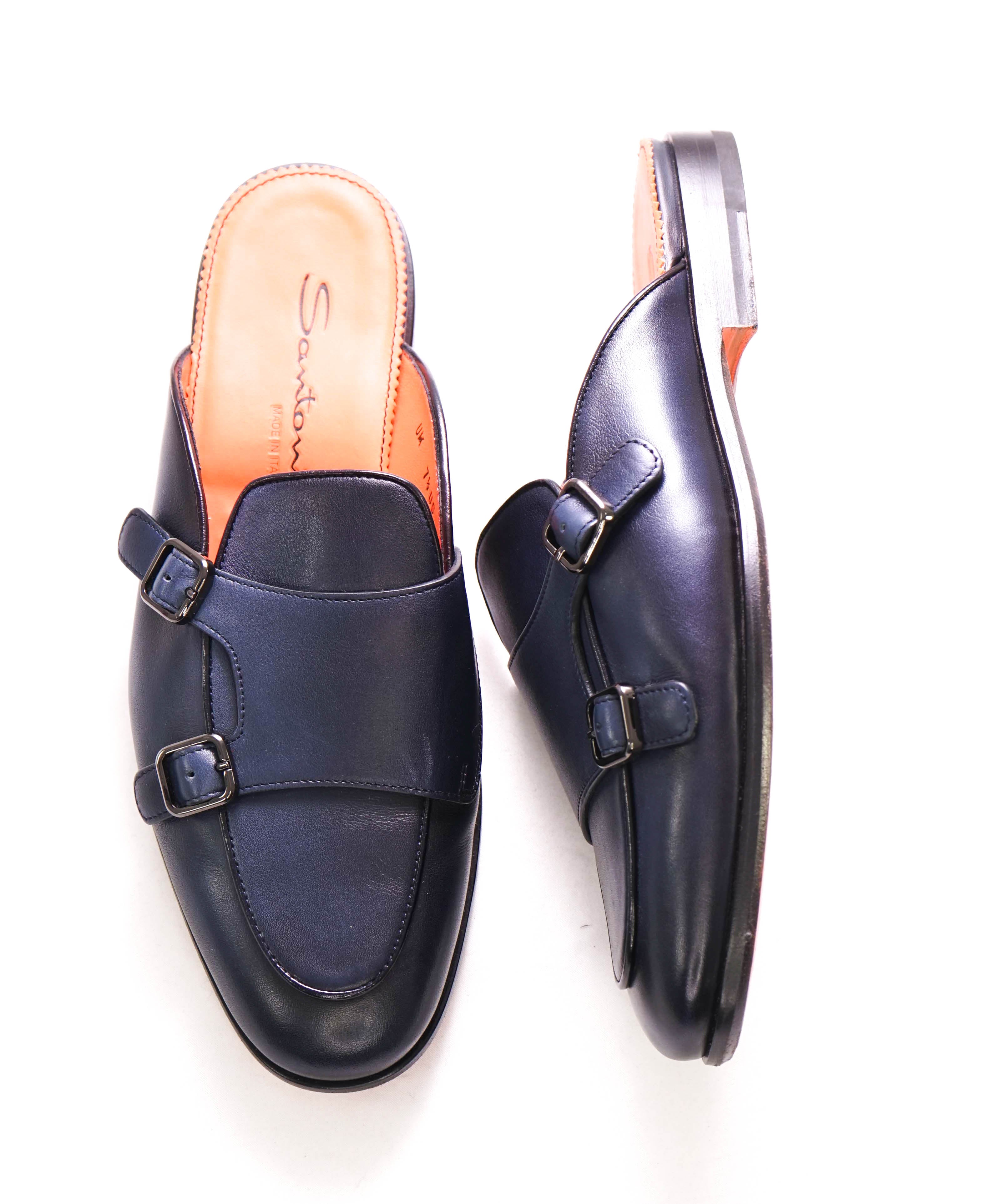 $850 SANTONI - Blue Leather DOUBLE MONK Soft Slip-On Loafers Mules Slides - 8.5 D US