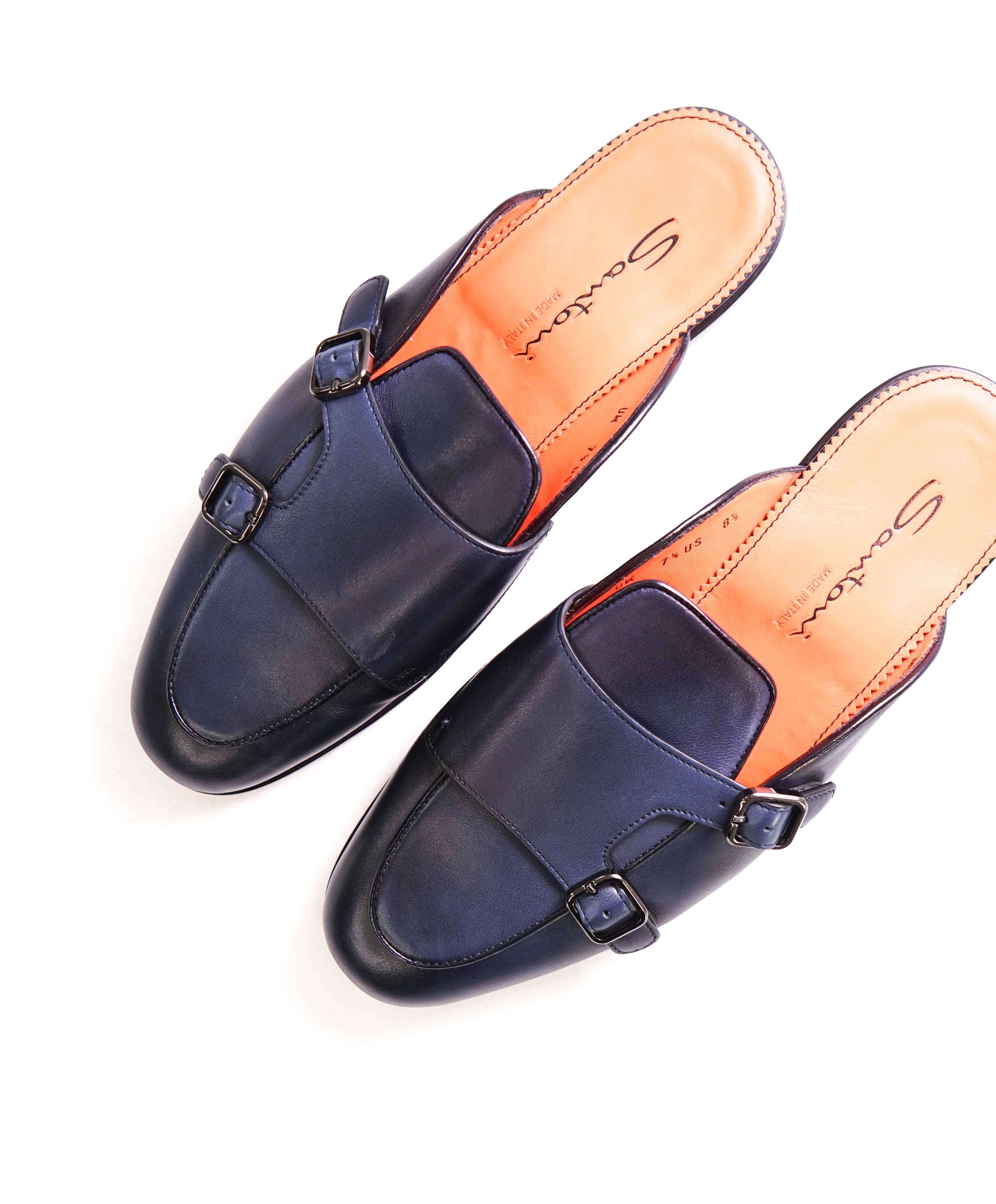 $850 SANTONI - Blue Leather DOUBLE MONK Soft Slip-On Loafers Mules Slides - 8.5 D US