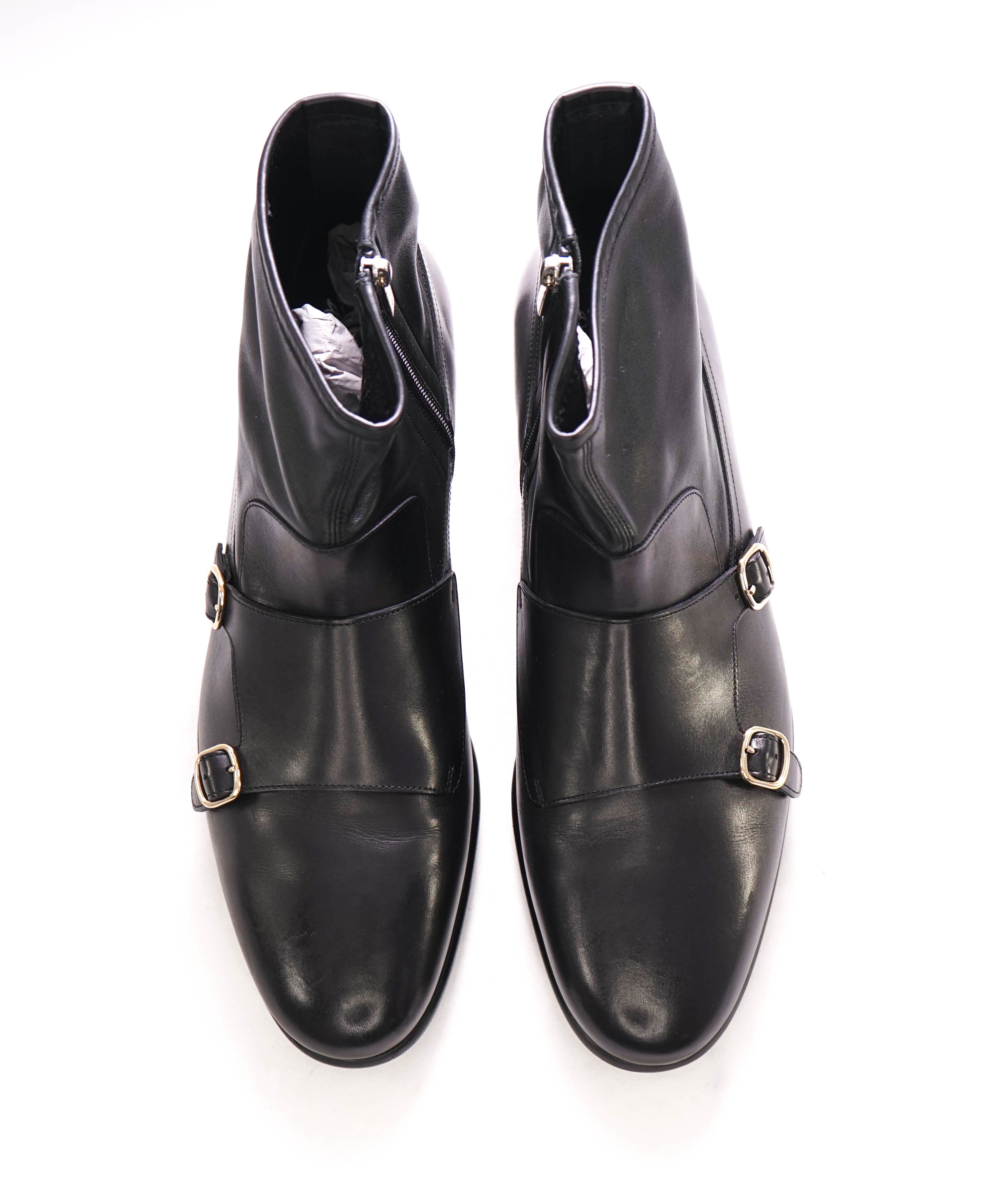 $1,295 SANTONI - Black Almond-Toe Double Monk Zip Boot - 12 US (11 SANTONI STAMPED)