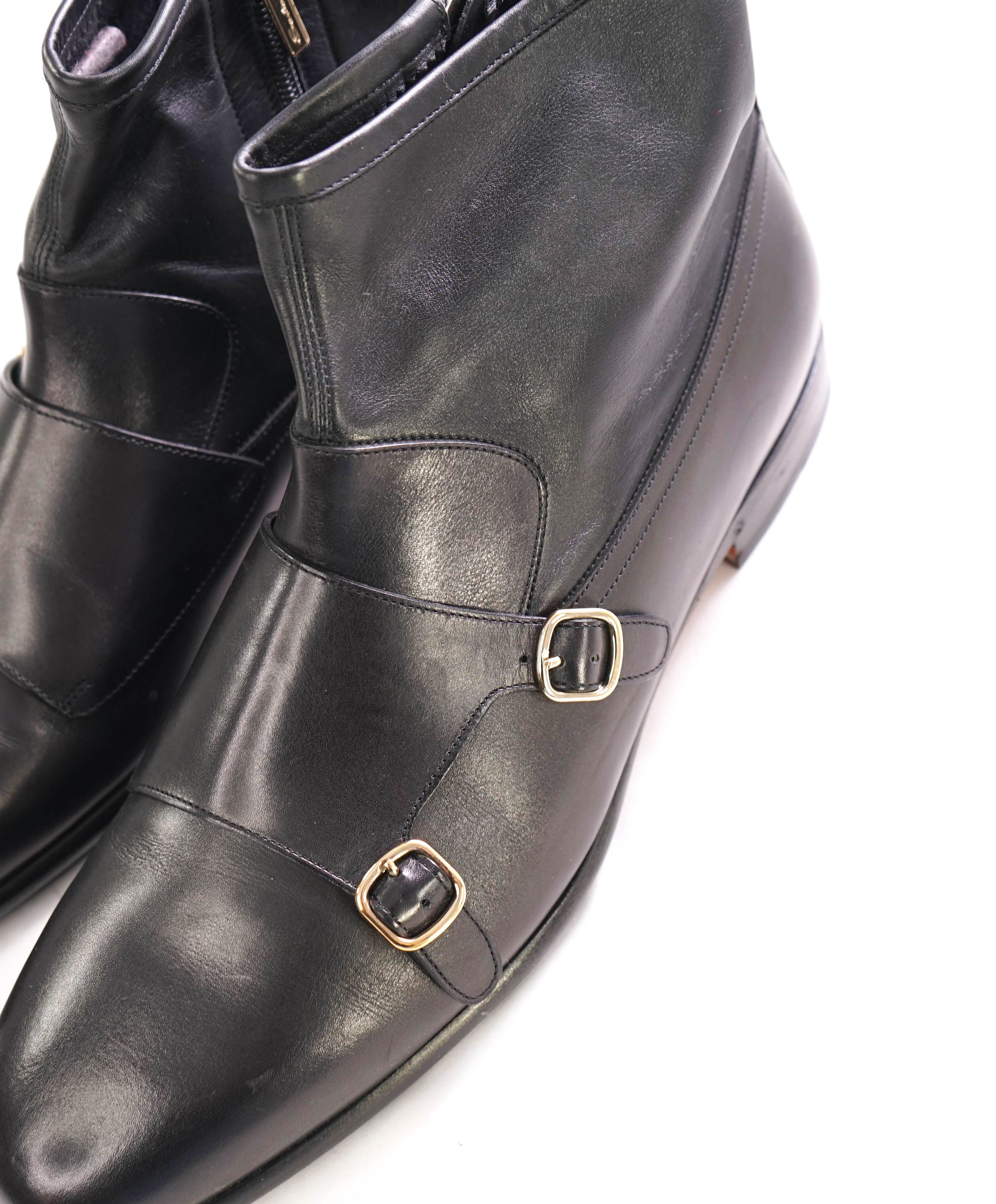 $1,295 SANTONI - Black Almond-Toe Double Monk Zip Boot - 12 US (11 IT)