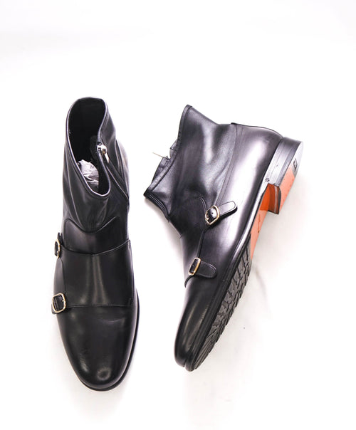 $1,295 SANTONI - Black Almond-Toe Double Monk Zip Boot - 12 US (11 SANTONI STAMPED)
