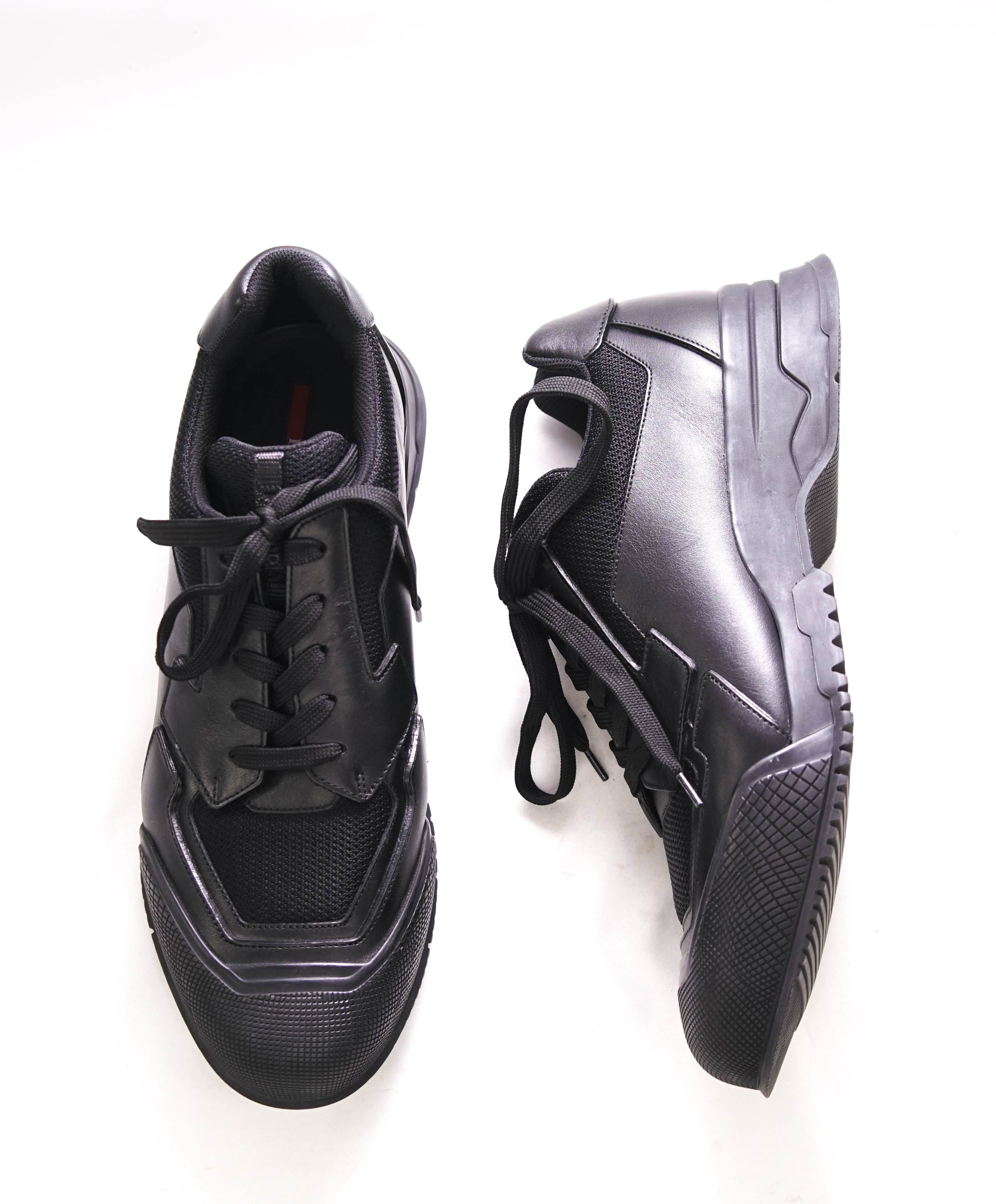 $1,150 PRADA - *Line Rossa* Black Leather Sneakers With Logo Detail - 11 US (10 IT)