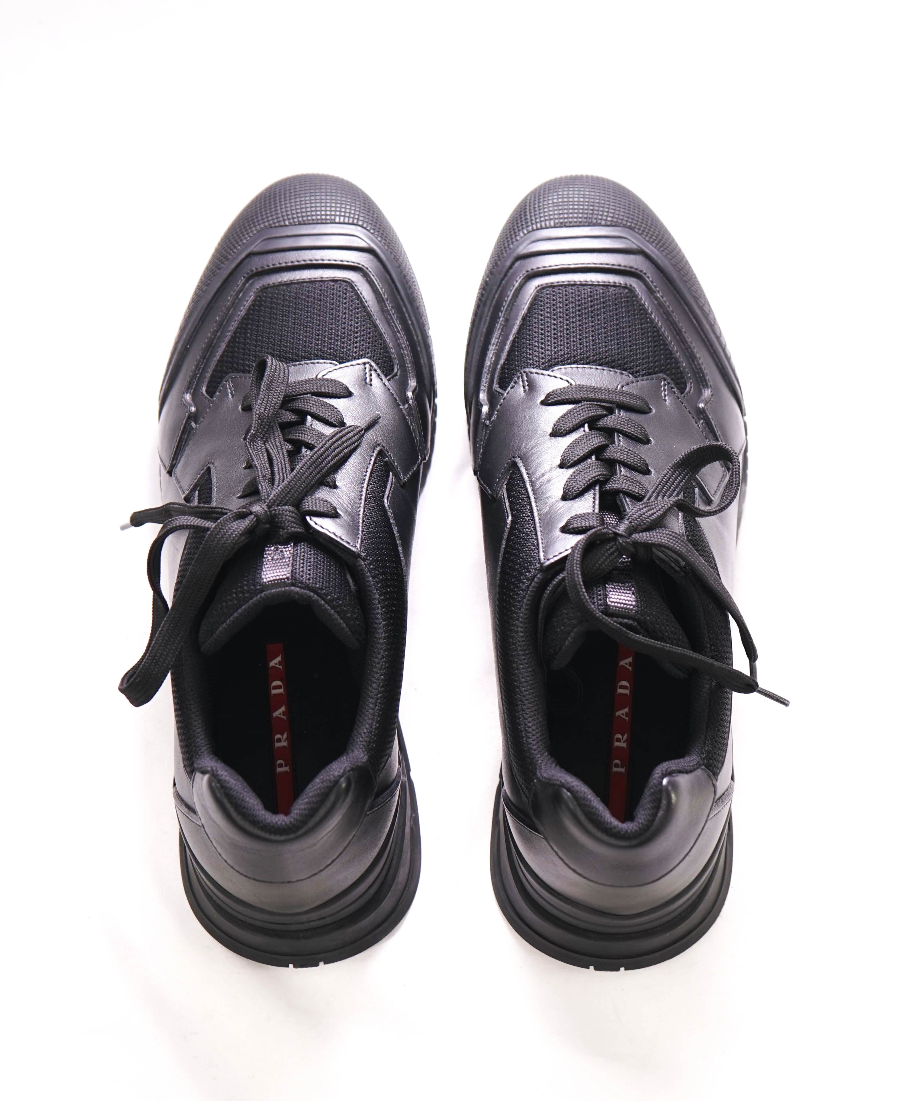 $1,150 PRADA - *Line Rossa* Black Leather Sneakers With Logo Detail - 11 US (10 IT)