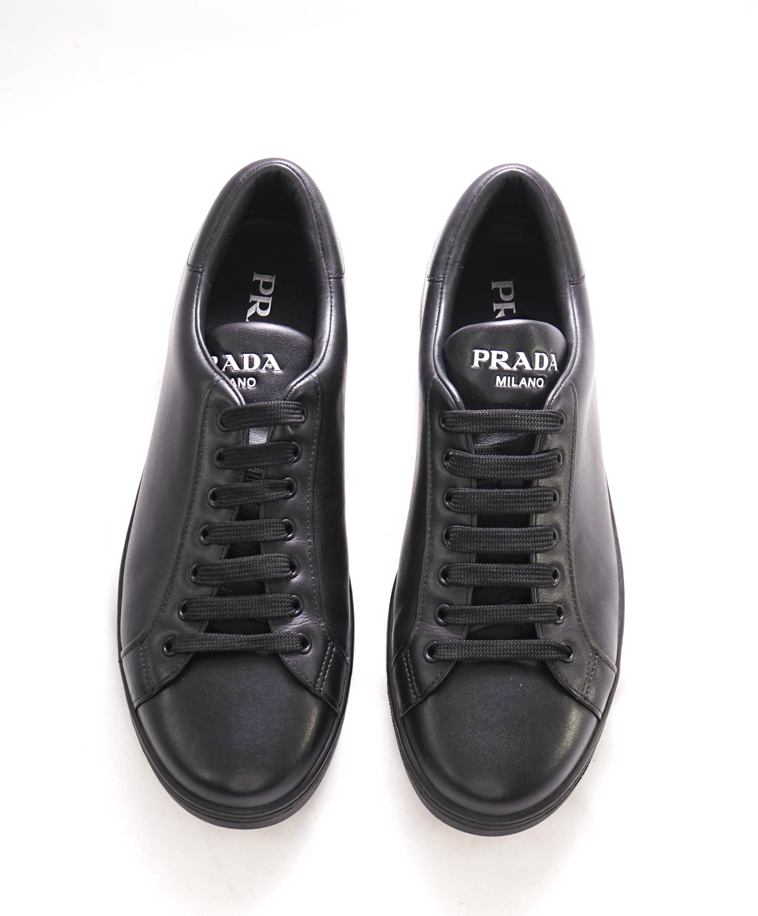 $850 PRADA - Black Leather Sneakers With Logo Detail - 10 US (9 IT)