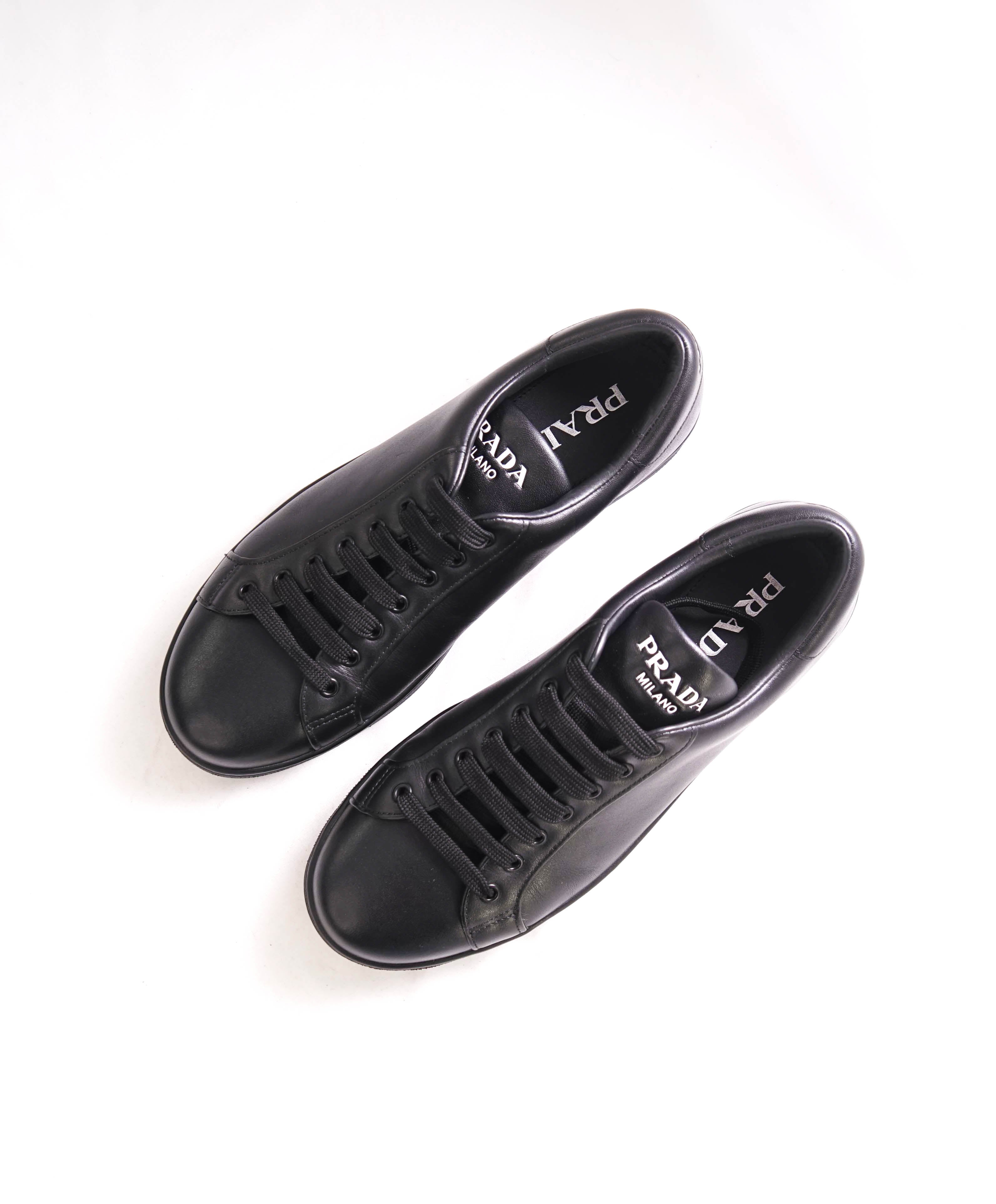 $850 PRADA - Black Leather Sneakers With Logo Detail - 10 US (9 IT)