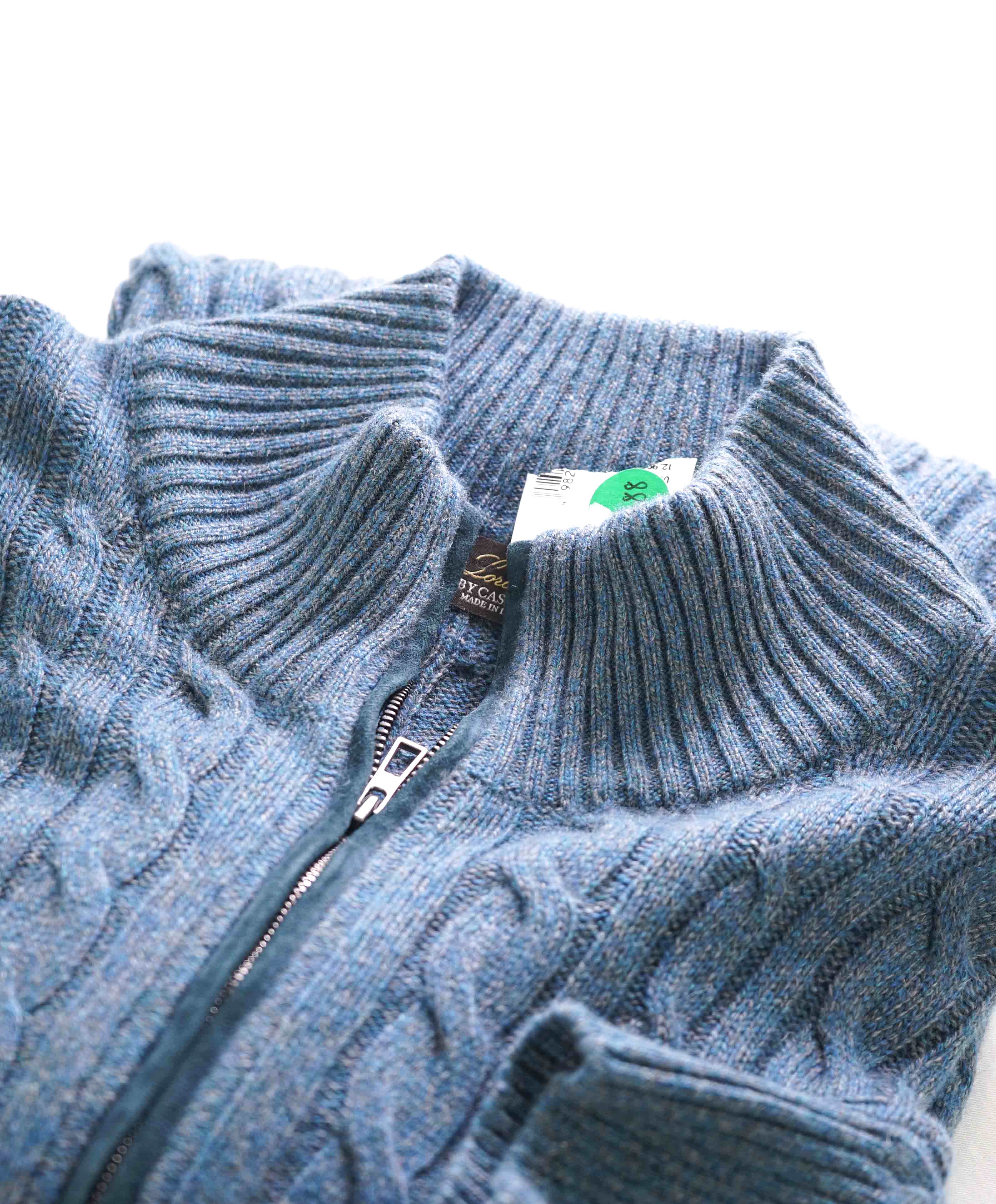 $2,275 LORO PIANA - *BABY CASHMERE* Blue Fleck Cable Knit Sweater- 58 (3XL)