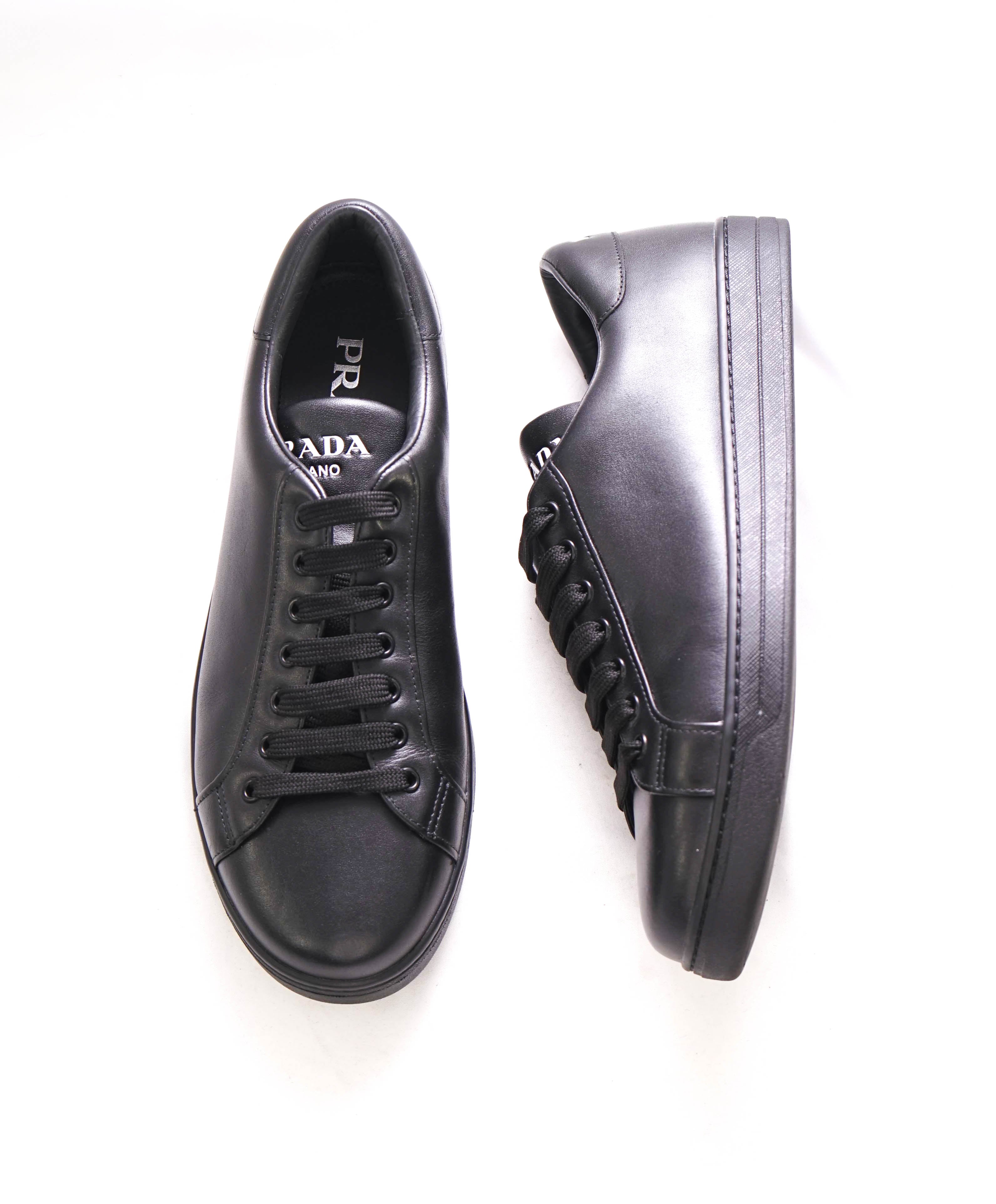 $850 PRADA - Black Leather Sneakers With Logo Detail - 10 US (9 IT)