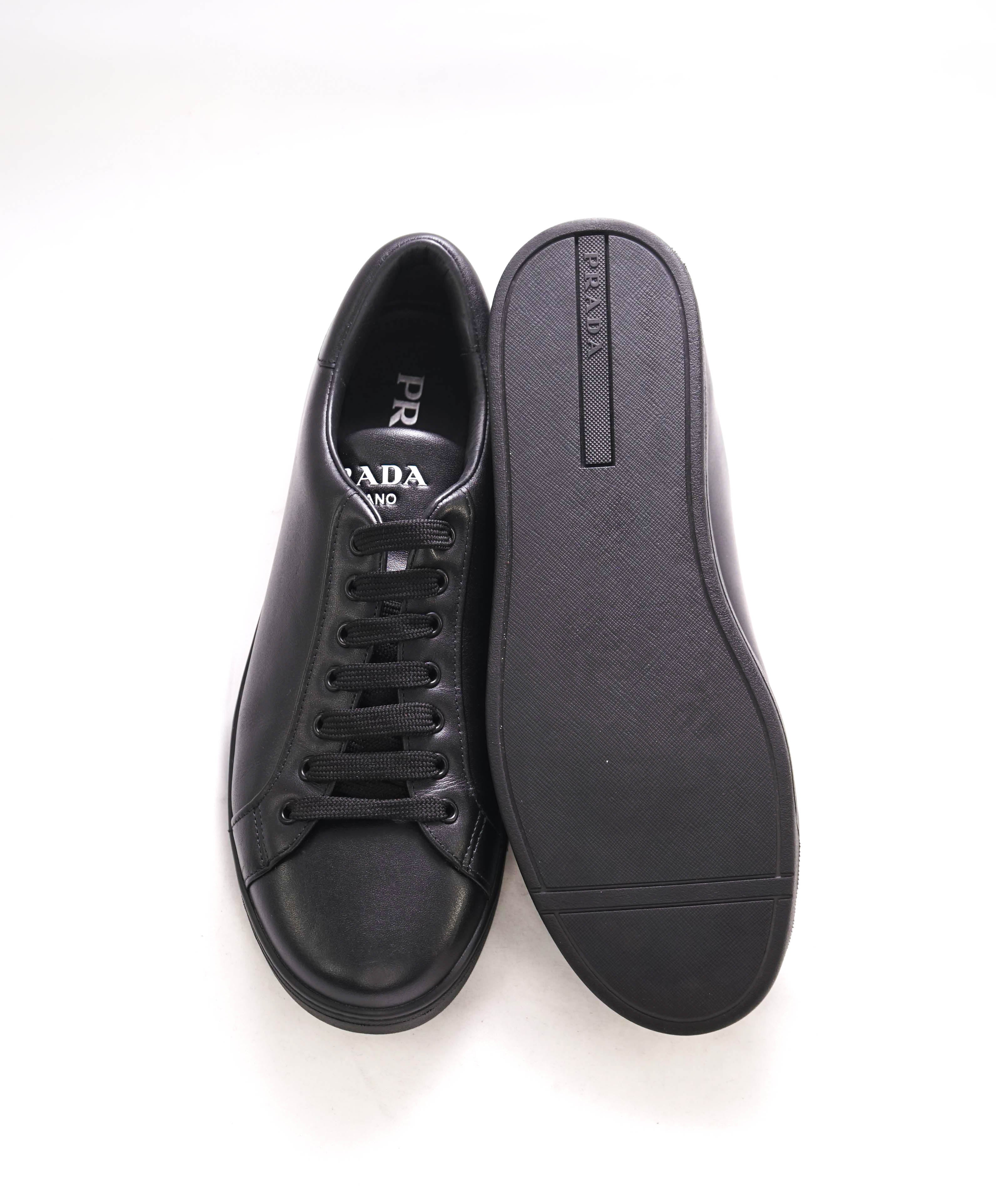 $850 PRADA - Black Leather Sneakers With Logo Detail - 10 US (9 IT)