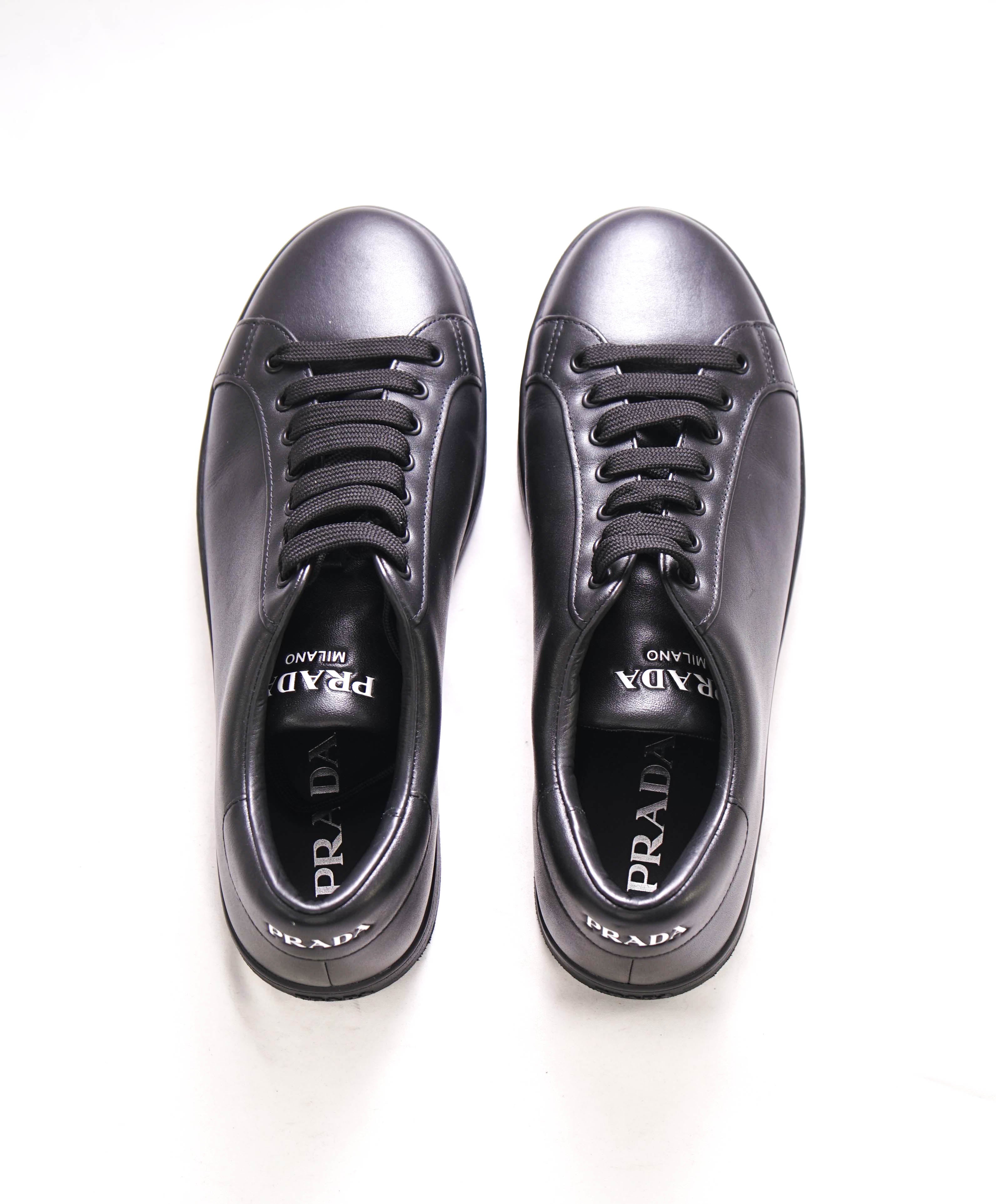 $850 PRADA - Black Leather Sneakers With Logo Detail - 10 US (9 IT)