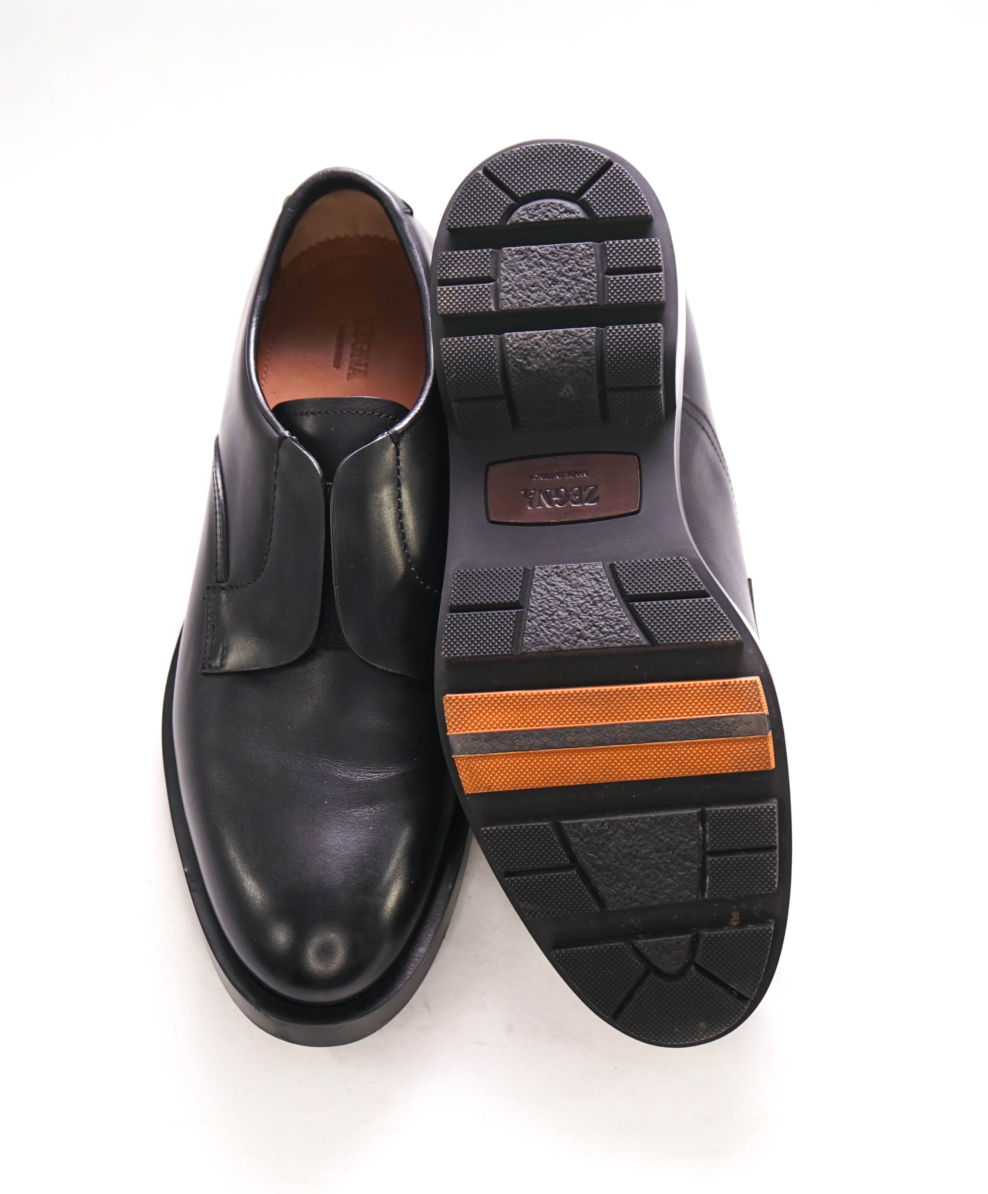 $1,410 ZEGNA - *UDINE* BLACK LEATHER LOGO DERBY SHOES - (10 EU) 11 US