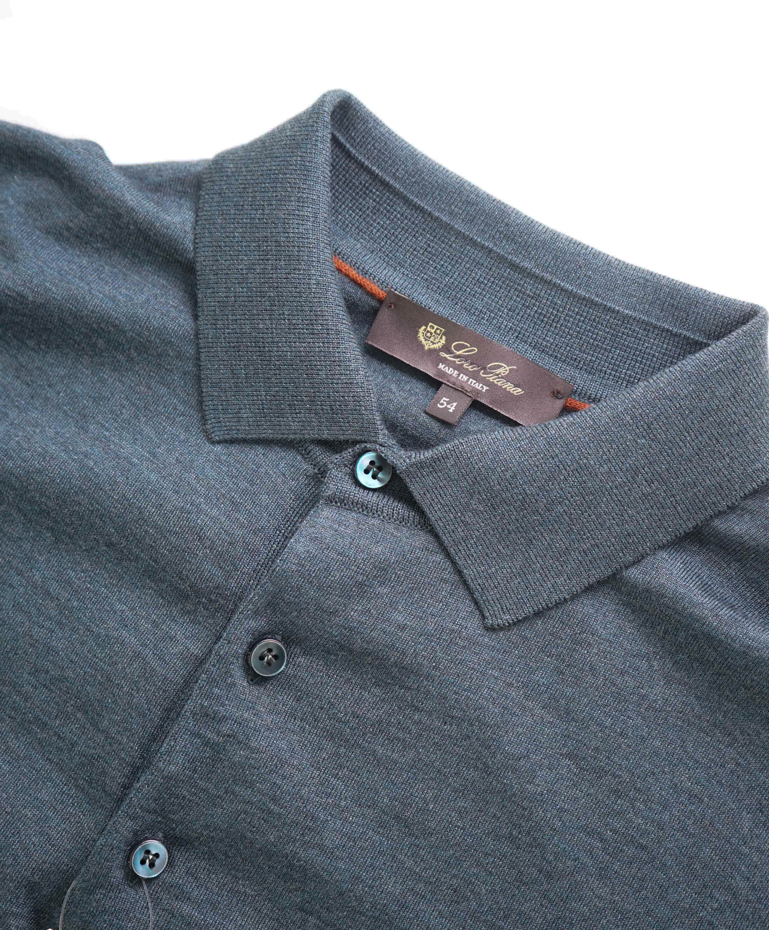 $1,295 LORO PIANA - *WISH* Blue/Green MOP Button Wool Polo Sweater- 54 (XL)