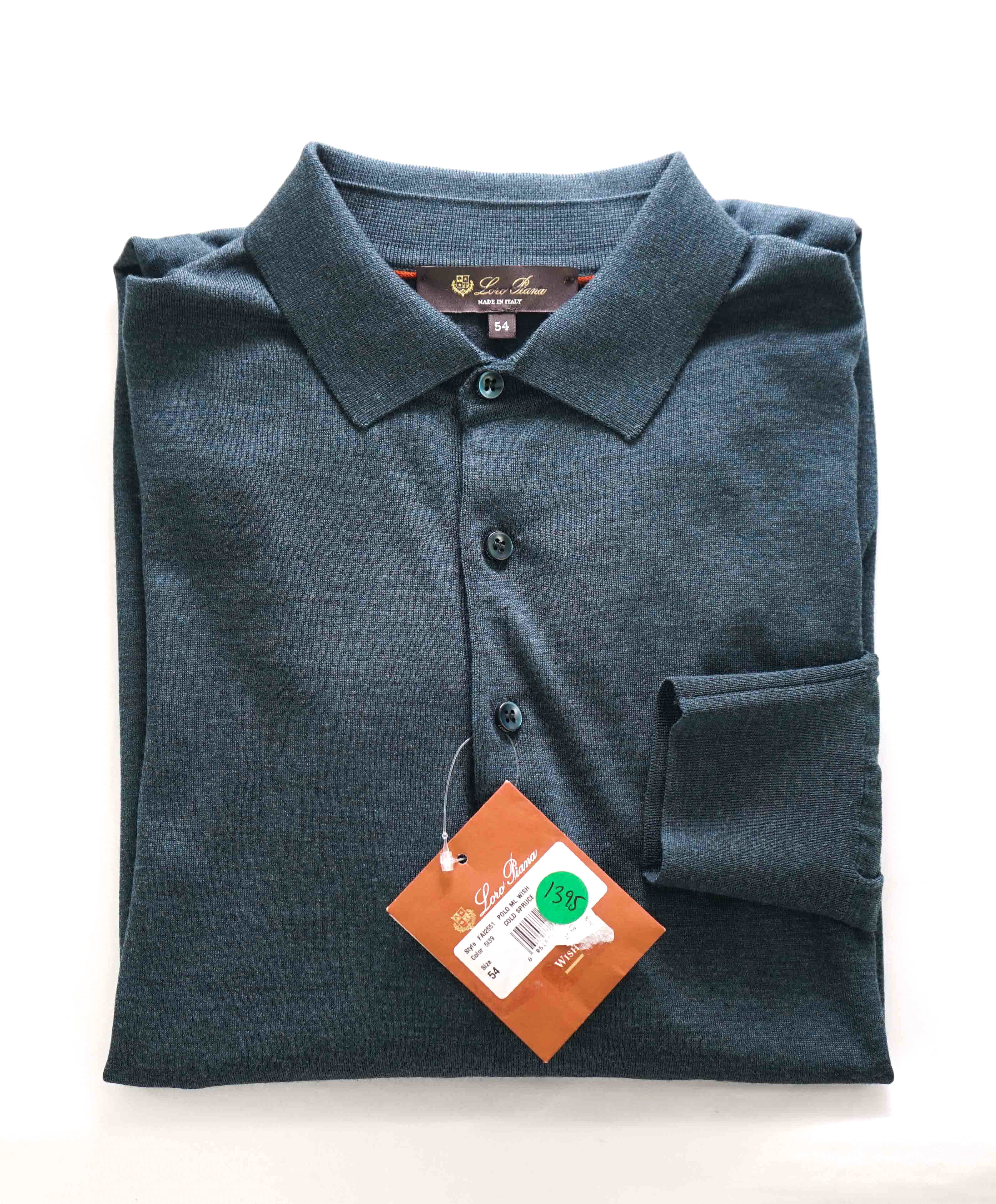 $1,295 LORO PIANA - *WISH* Blue/Green MOP Button Wool Polo Sweater- 54 (XL)