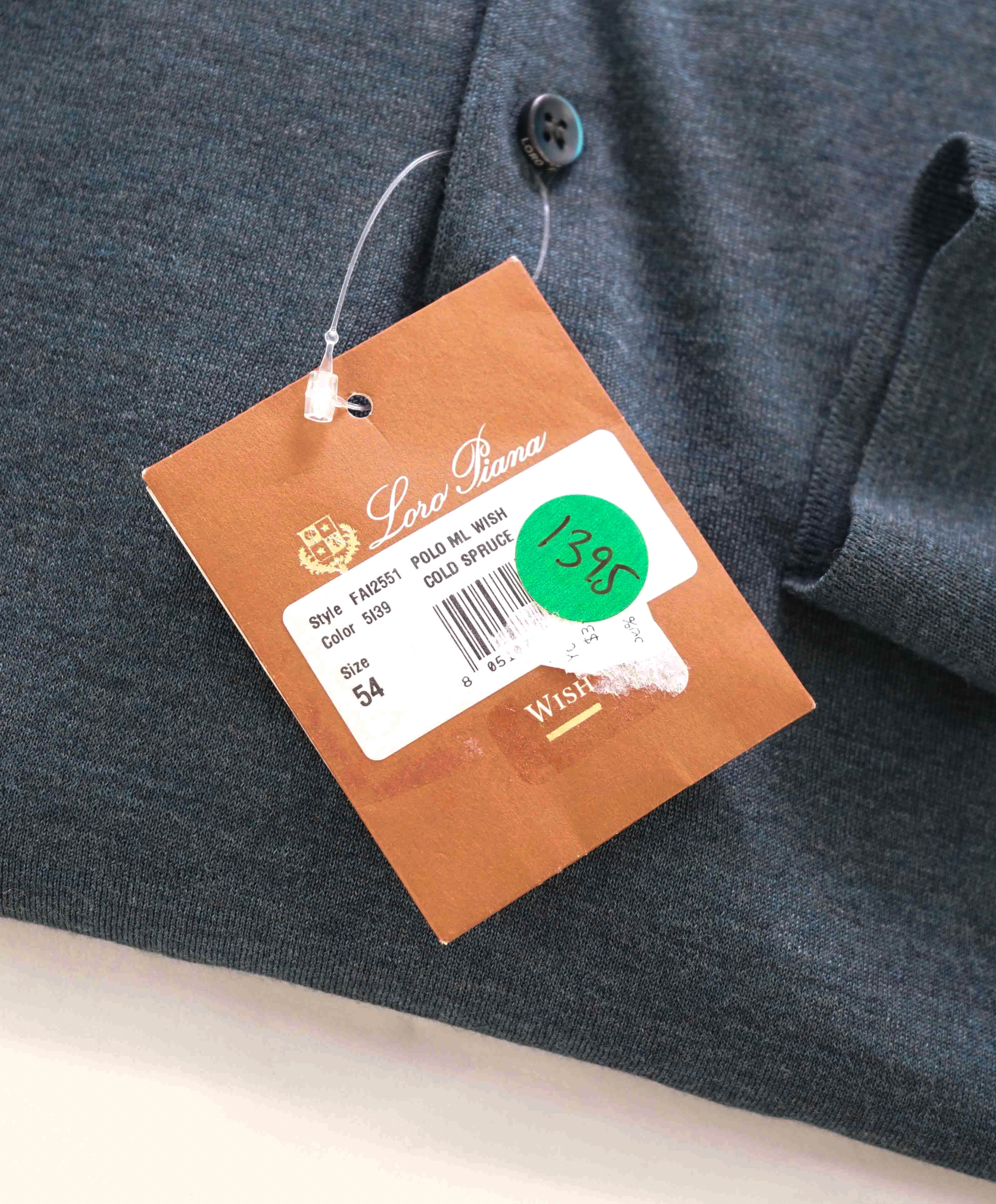 $1,295 LORO PIANA - *WISH* Blue/Green MOP Button Wool Polo Sweater- 54 (XL)