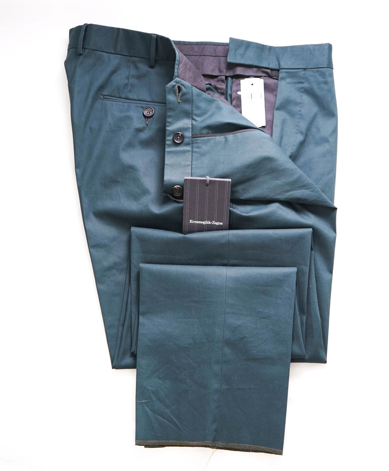 ERMENEGILDO ZEGNA - SLIM Hunter GREEN Cotton/Elastane Chino Flat Front Pants - 36W