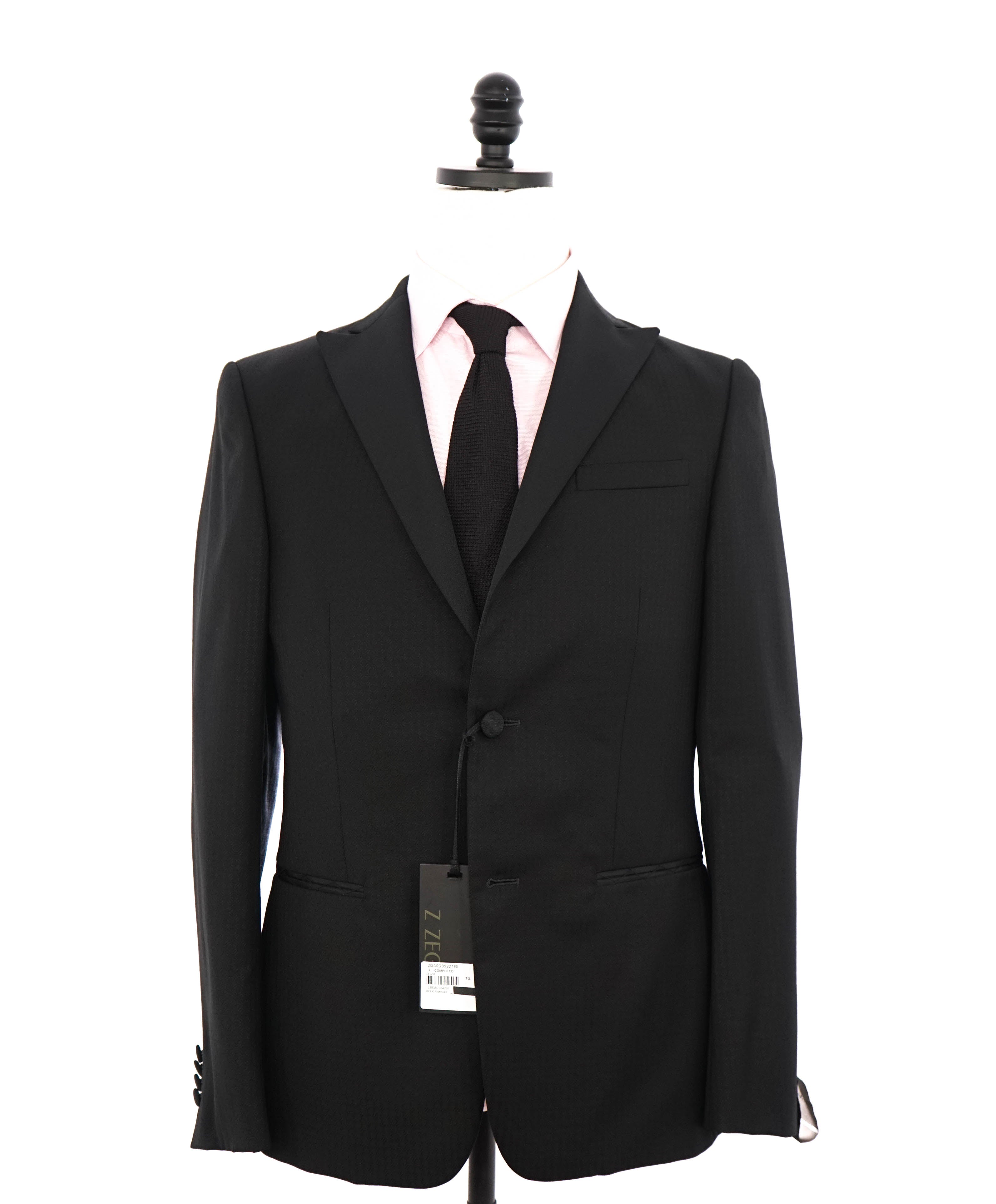 Z ZEGNA - Black Textured Fabric W Silk Lapel Drop 8 Wool Tuxedo Suit - 36R