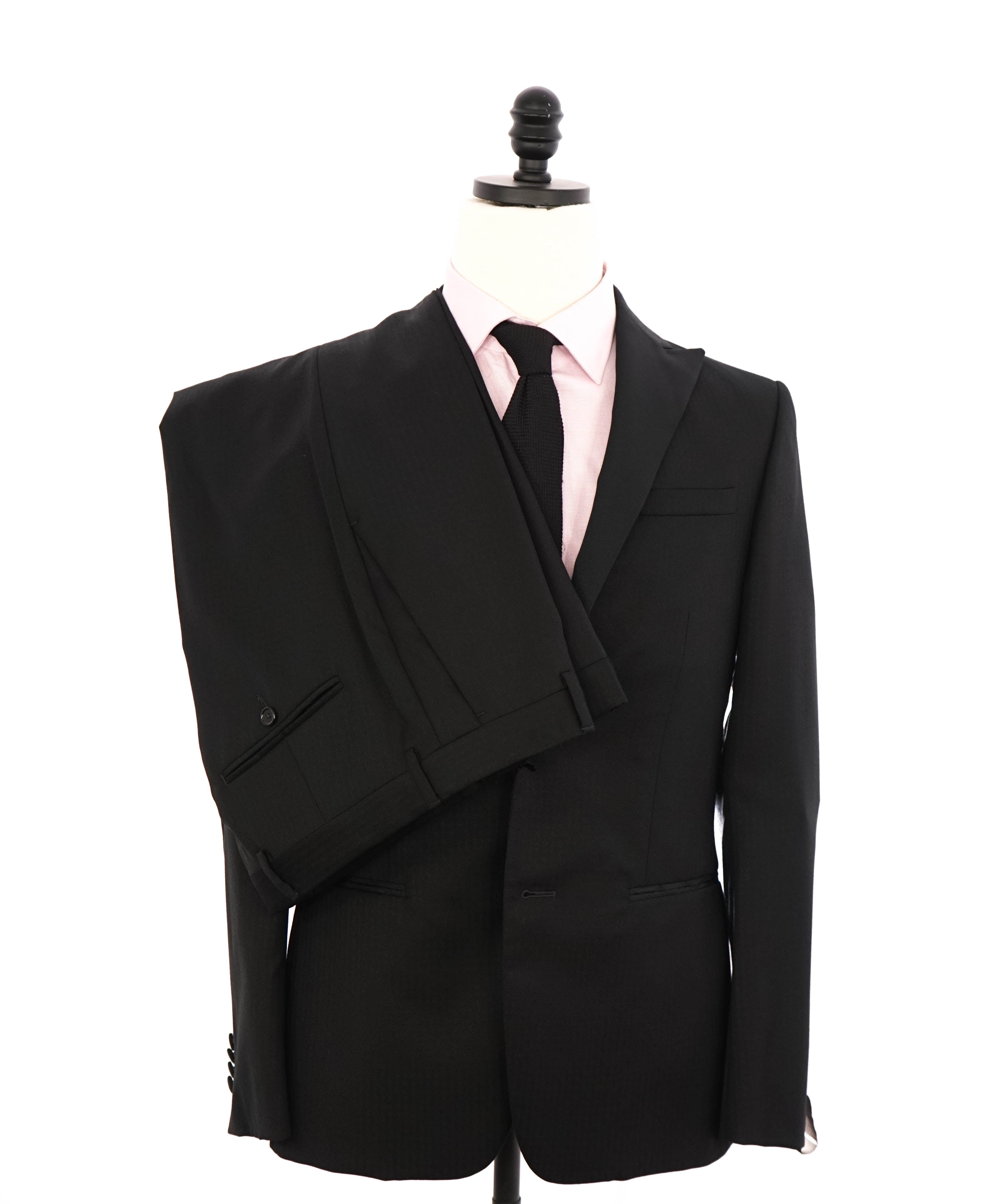 Z ZEGNA - Black Textured Fabric W Silk Lapel Drop 8 Wool Tuxedo Suit - 36R