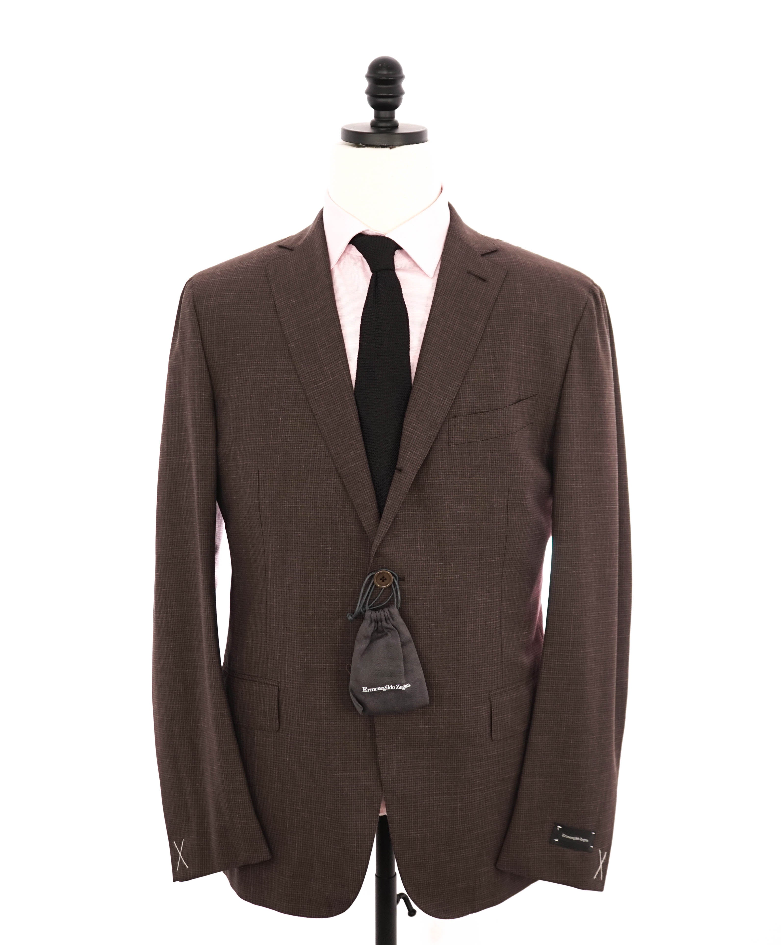 $4,295 ERMENEGILDO ZEGNA -Brown Micro Check 2/3 Roll LINEN Suit - 44R