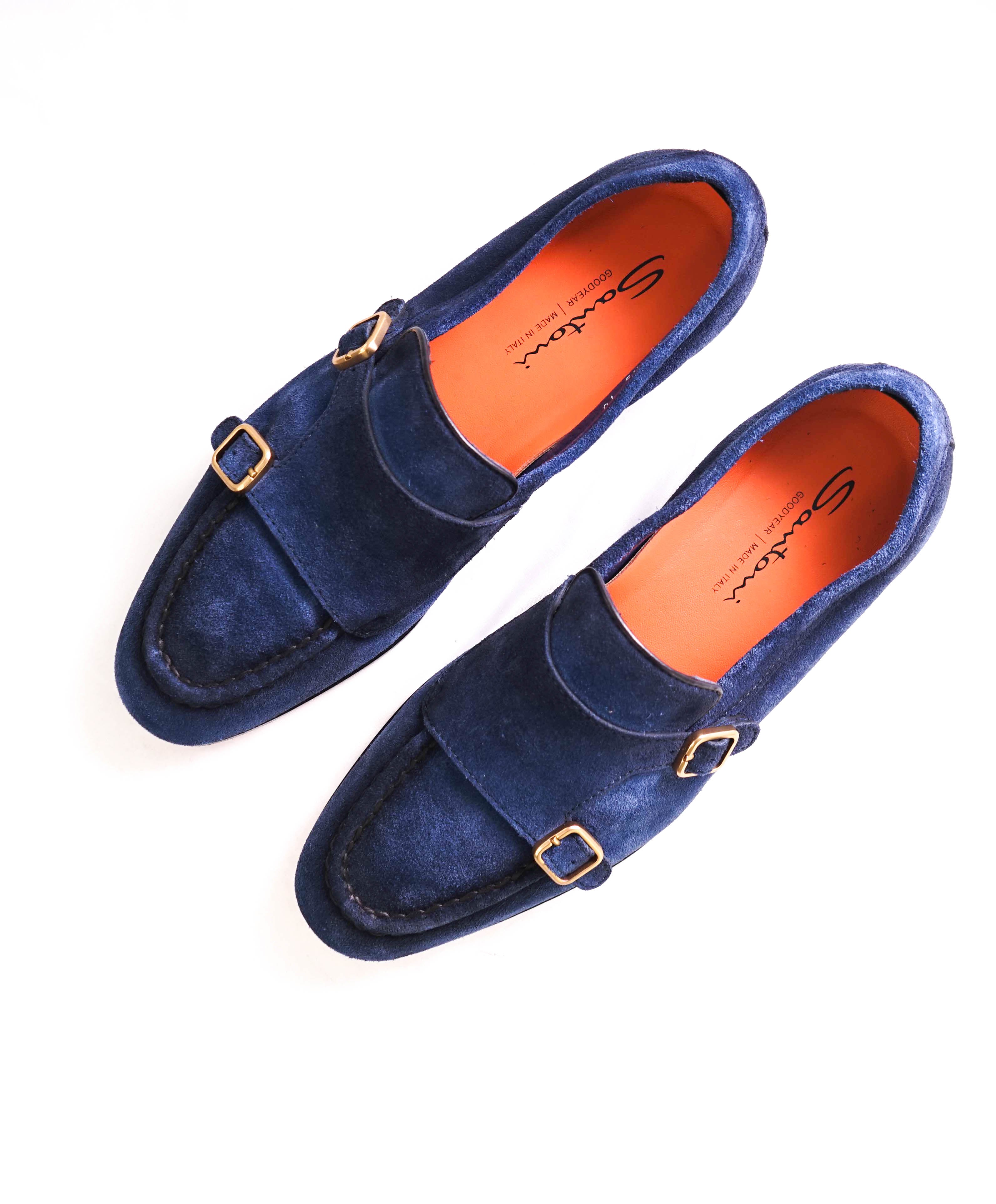 SANTONI - Blue Suede / Gold Monk Strap Venetian Loafers - 10 US (9IT)