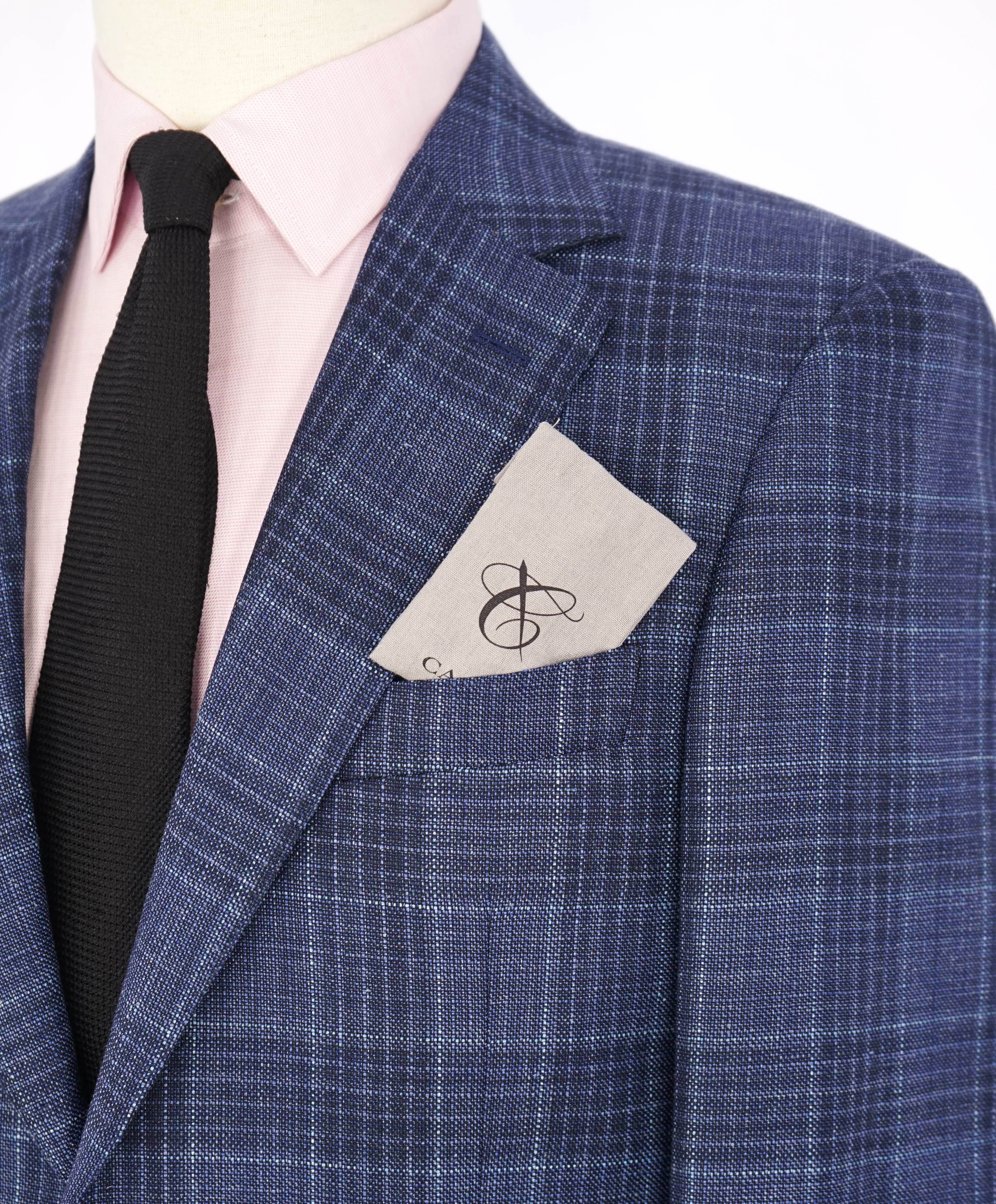 $1,895 CANALI - Mid Blue Wool/Silk/Linen Check Plaid Blazer - 40R