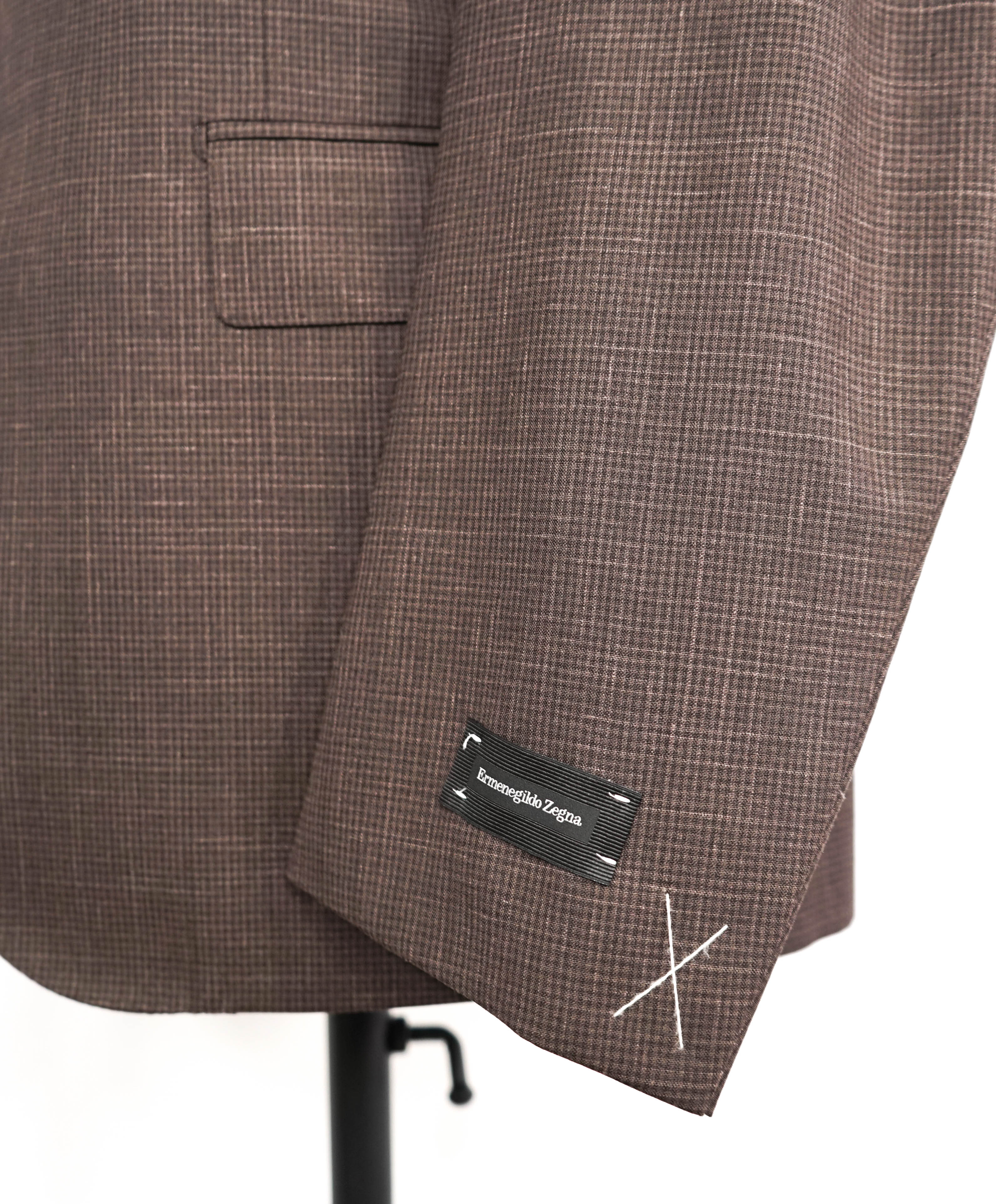 $4,295 ERMENEGILDO ZEGNA -Brown Micro Check 2/3 Roll LINEN Suit - 44R