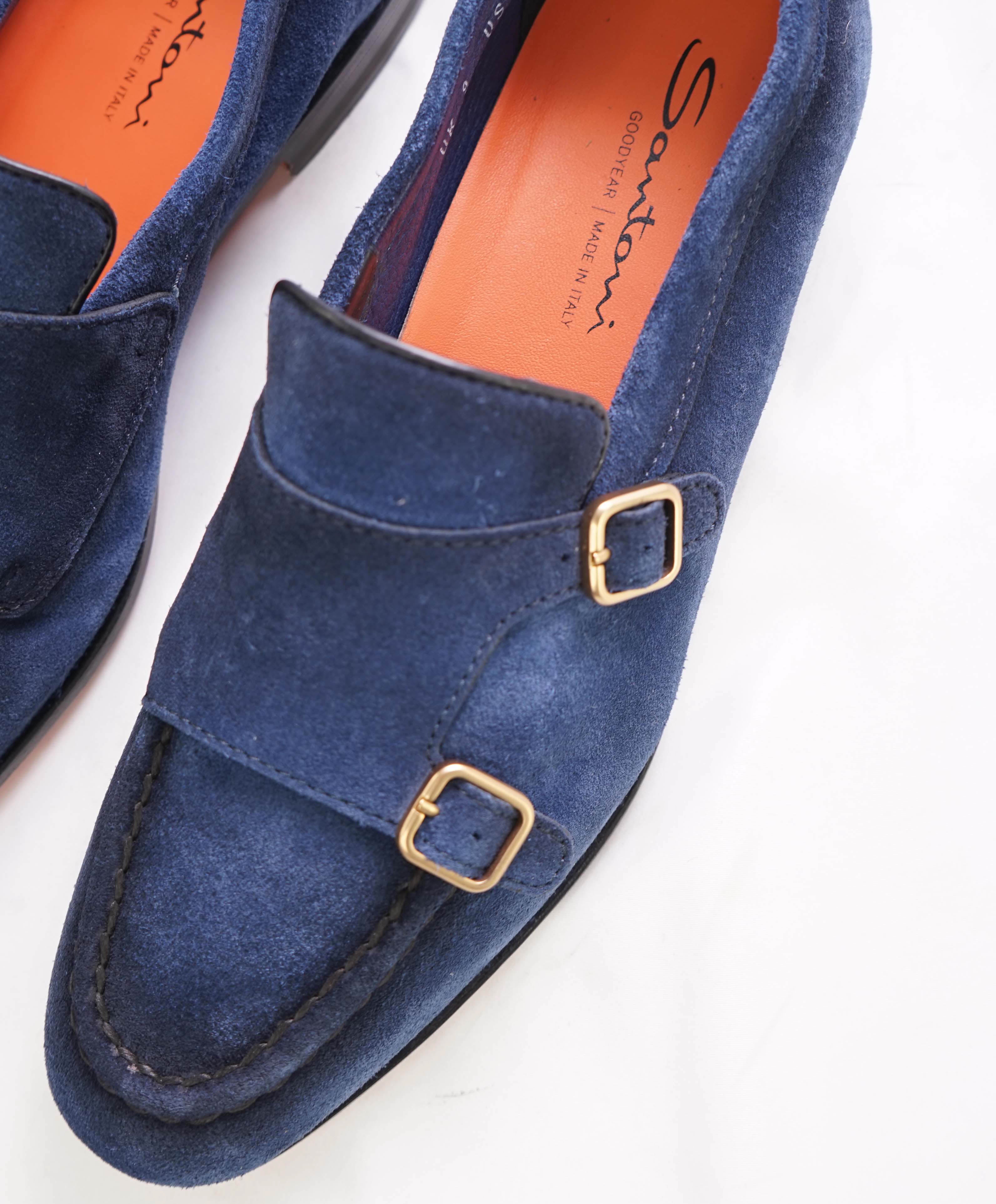 SANTONI - Blue Suede / Gold Monk Strap Venetian Loafers - 10 US (9IT)