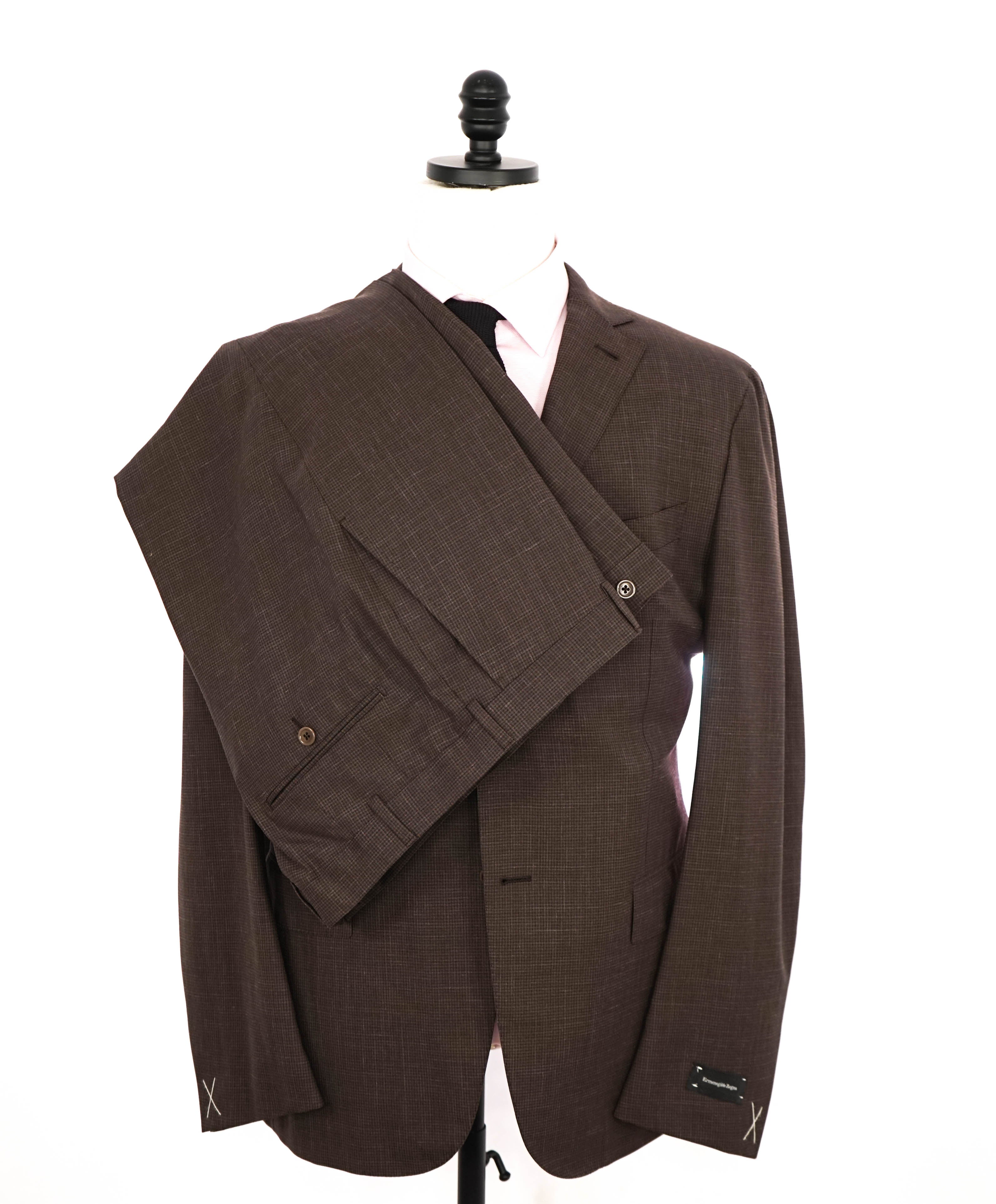 $4,295 ERMENEGILDO ZEGNA -Brown Micro Check 2/3 Roll LINEN Suit - 44R