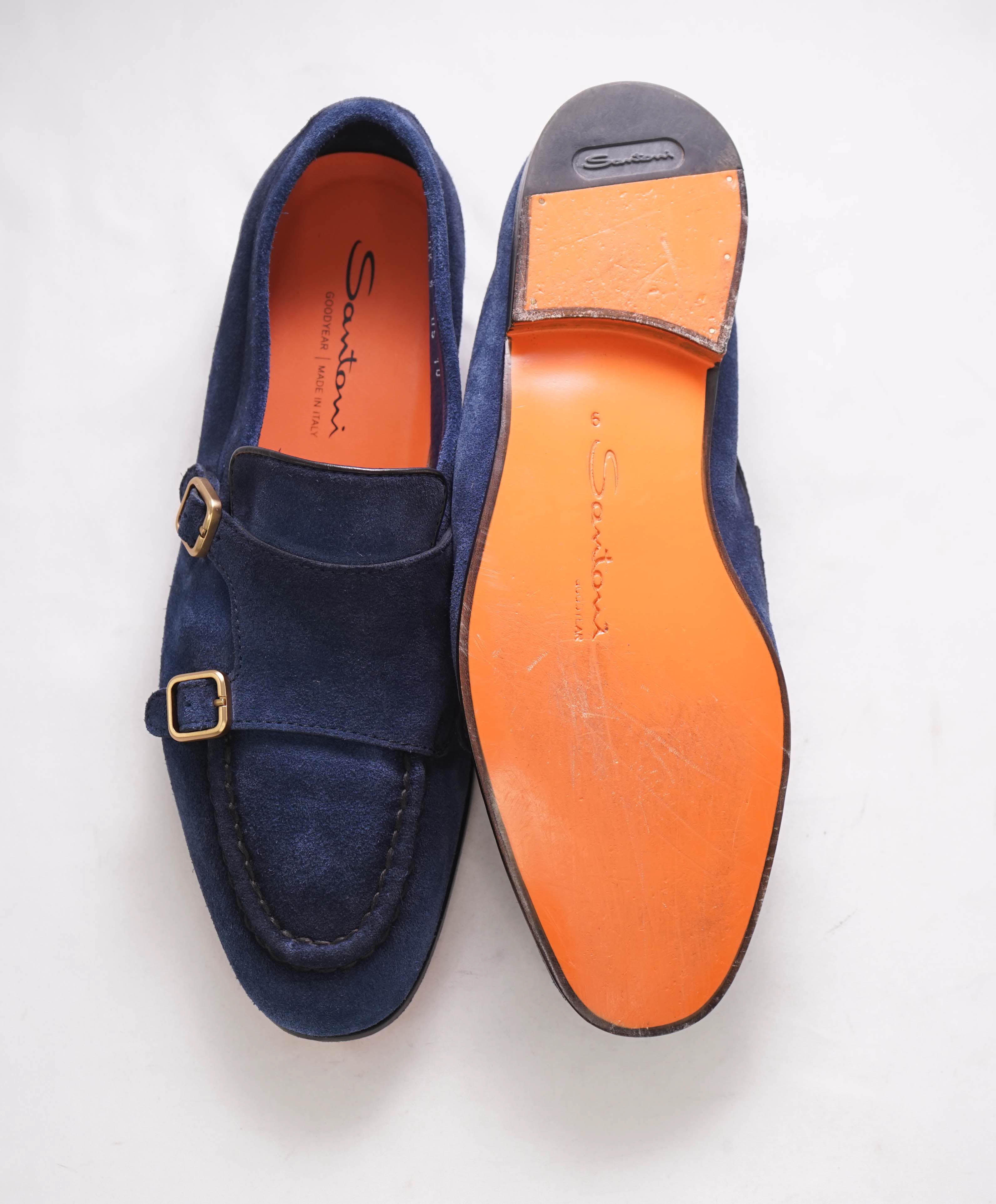 SANTONI - Blue Suede / Gold Monk Strap Venetian Loafers - 10 US (9IT)