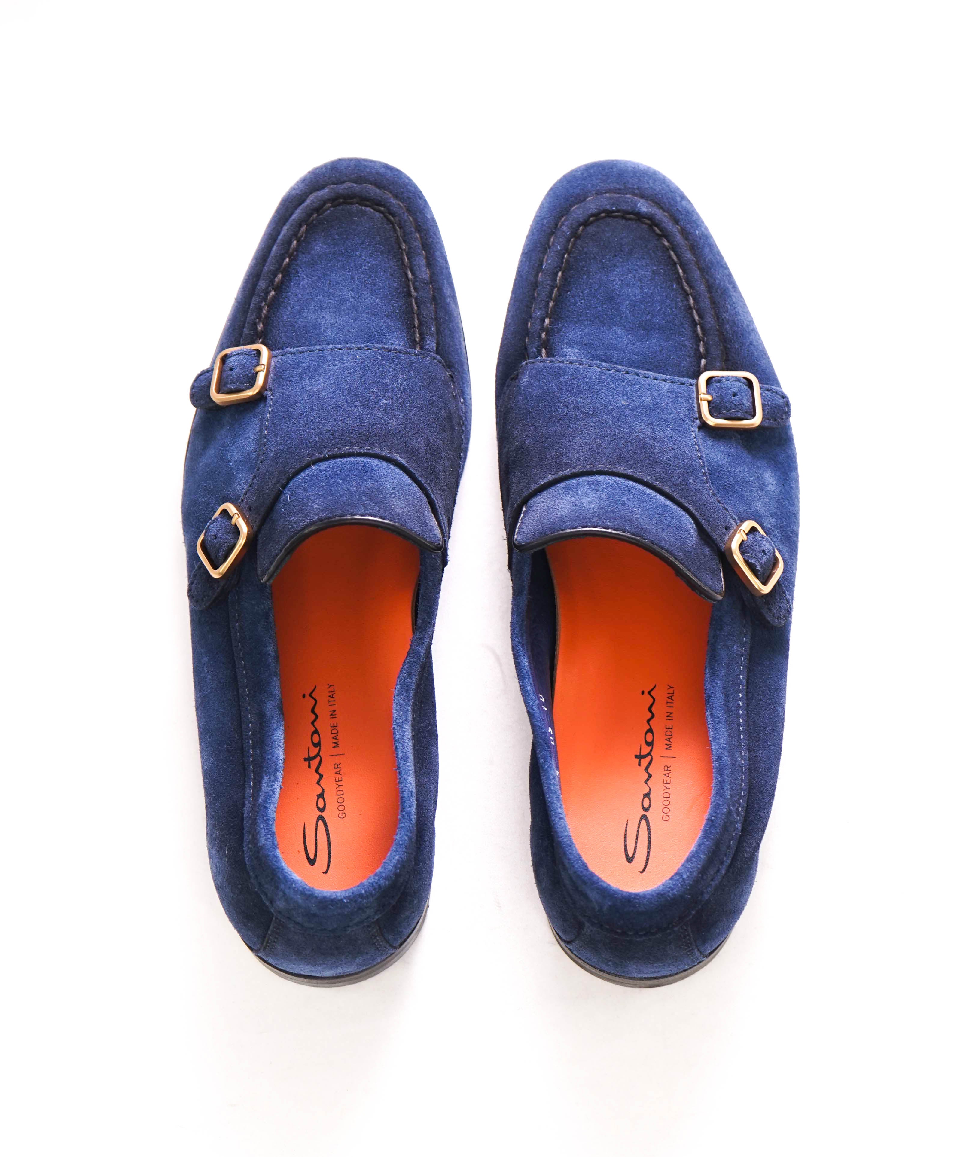 SANTONI - Blue Suede / Gold Monk Strap Venetian Loafers - 10 US (9IT)