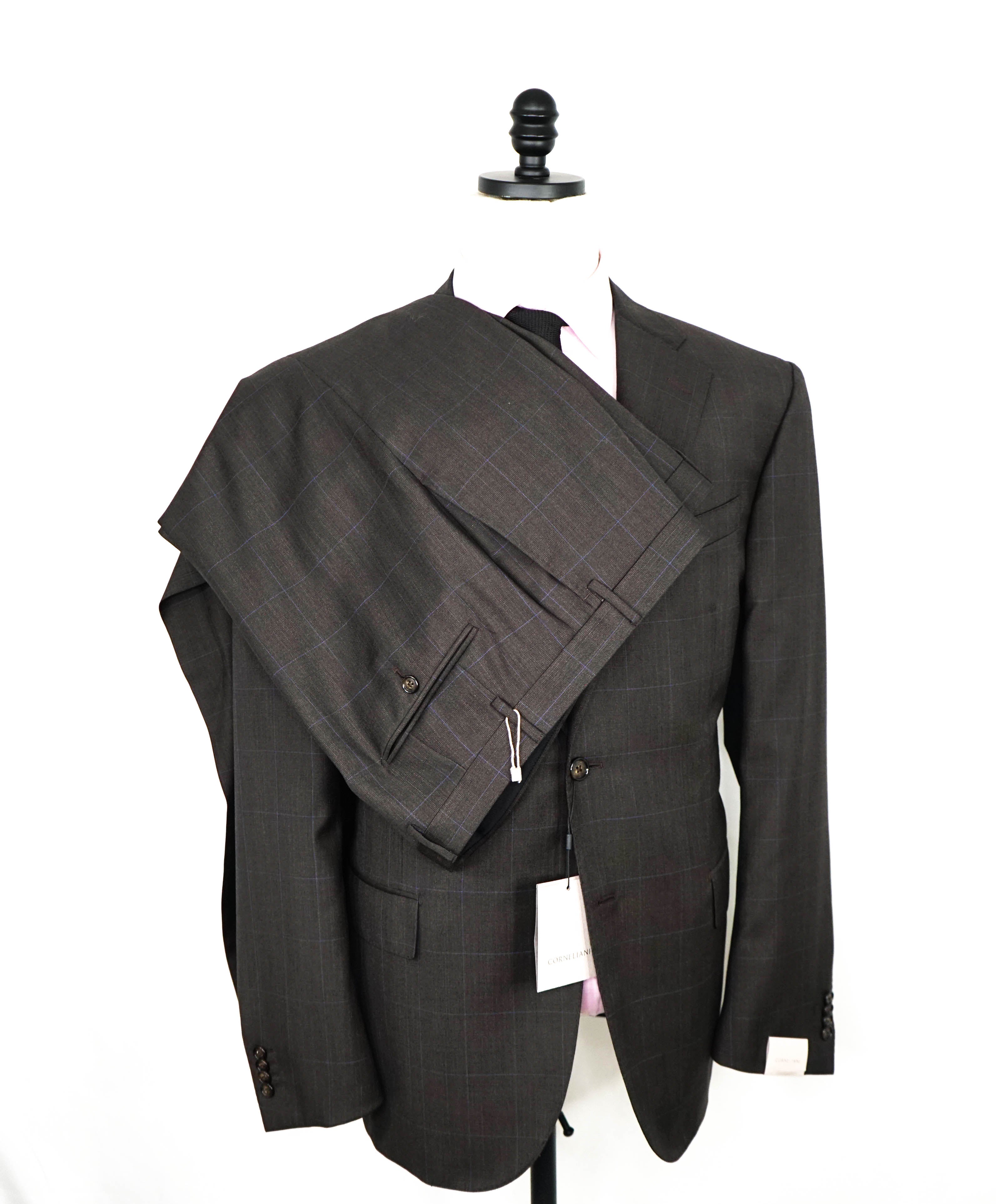 CORNELIANI - Brown & Blue Windowpane NOTCH LAPEL Wool Suit - 46R