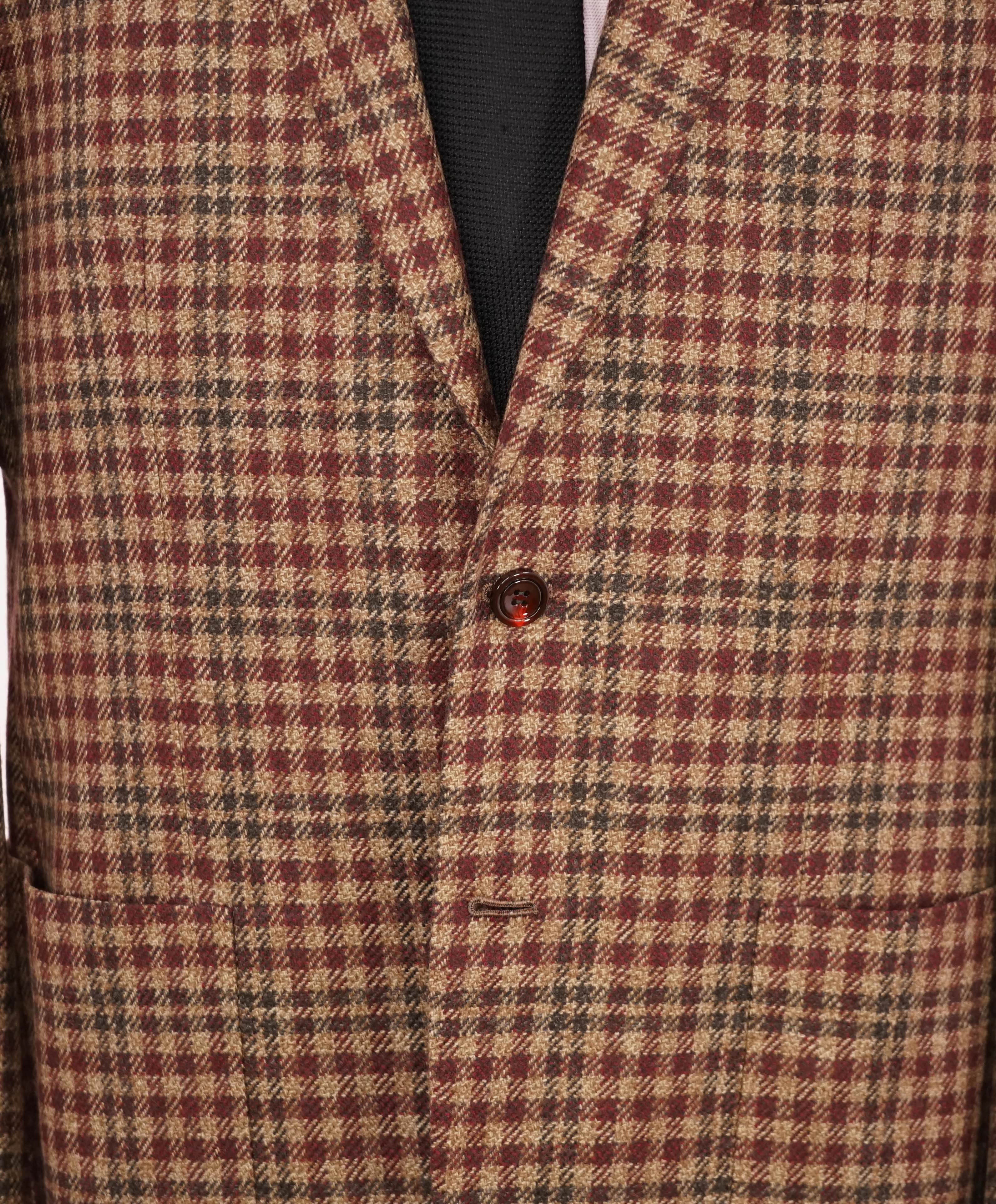 $9,600 KITON - *PURE CASHMERE* Brown Check Plaid RED MOP BUTTON Blazer - 42L