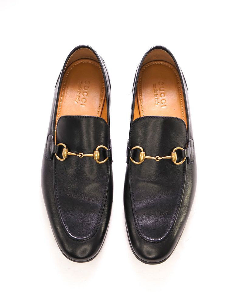 $920 GUCCI - "JORDAAN" Black/Gold ICONIC Horsebit Leather Loafers - 10 US (9.5G)