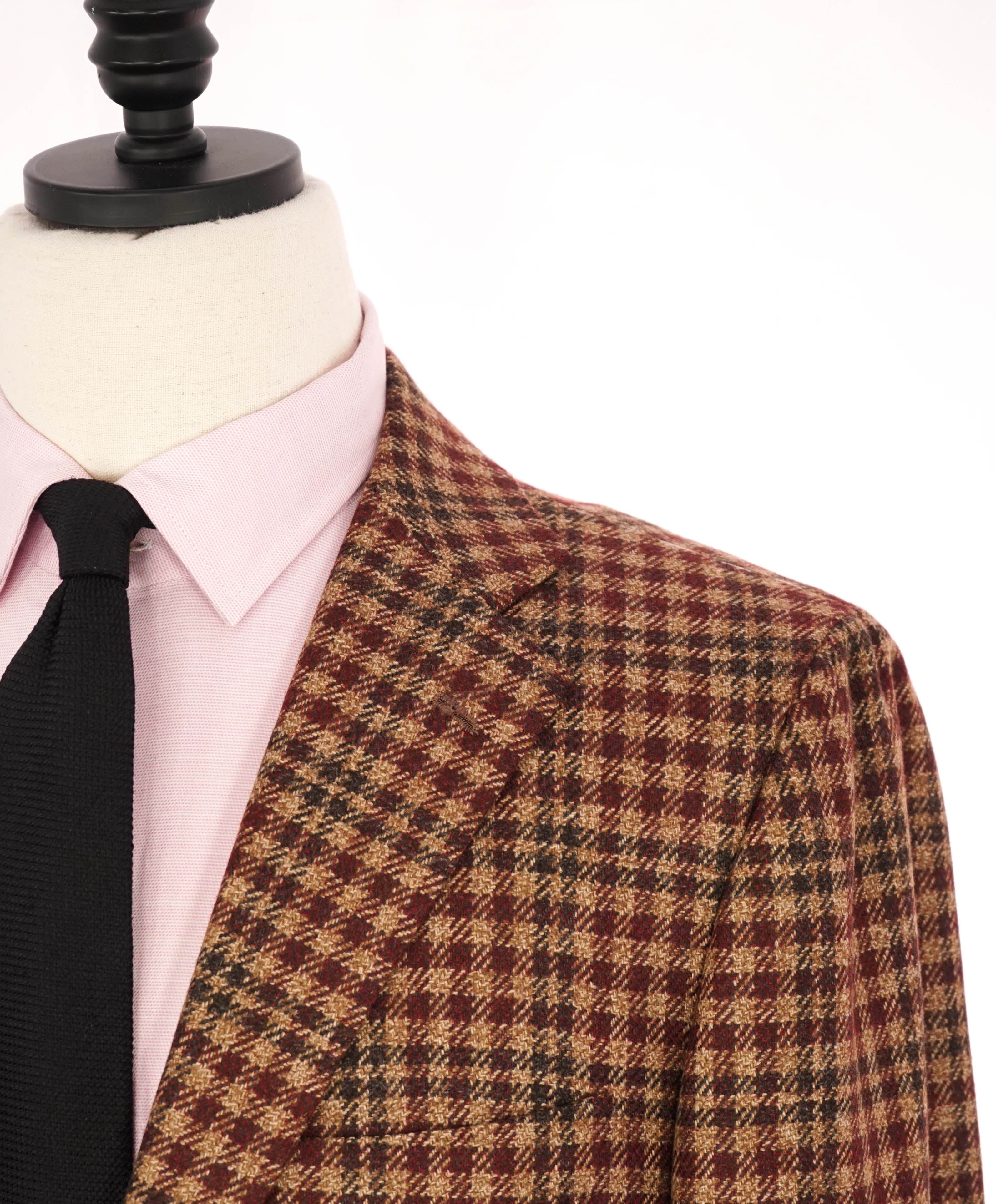 $9,600 KITON - *PURE CASHMERE* Brown Check Plaid RED MOP BUTTON Blazer - 42L