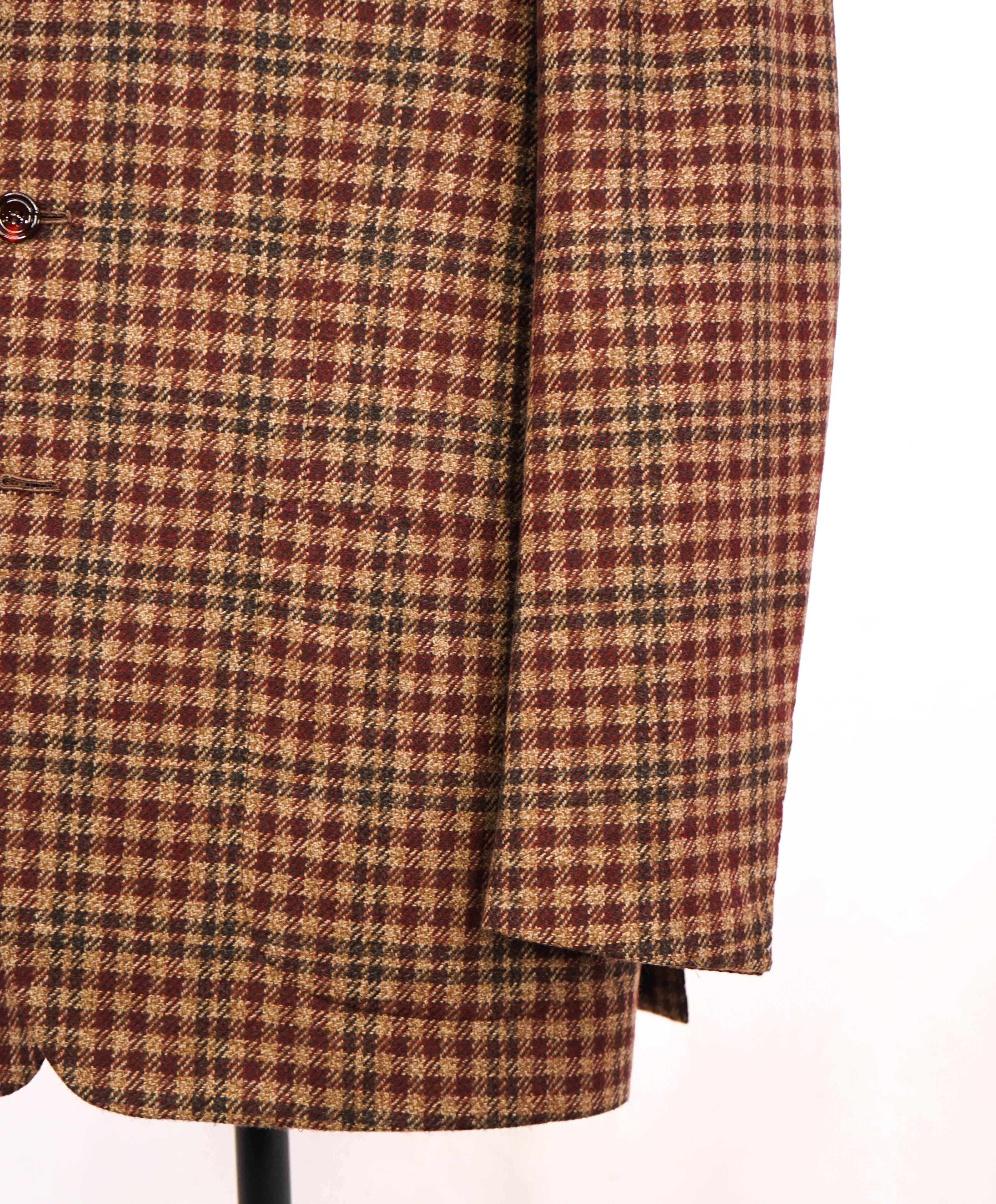 $9,600 KITON - *PURE CASHMERE* Brown Check Plaid RED MOP BUTTON Blazer - 42L