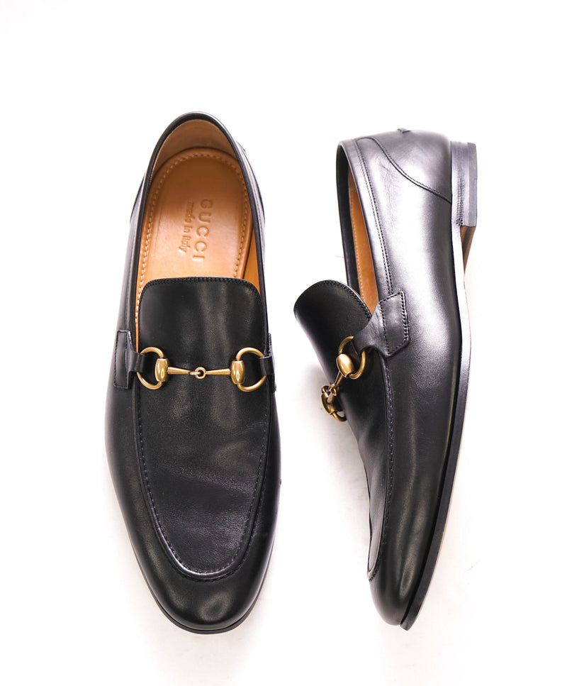 $920 GUCCI - "JORDAAN" Black/Gold ICONIC Horsebit Leather Loafers - 10 US (9.5G)