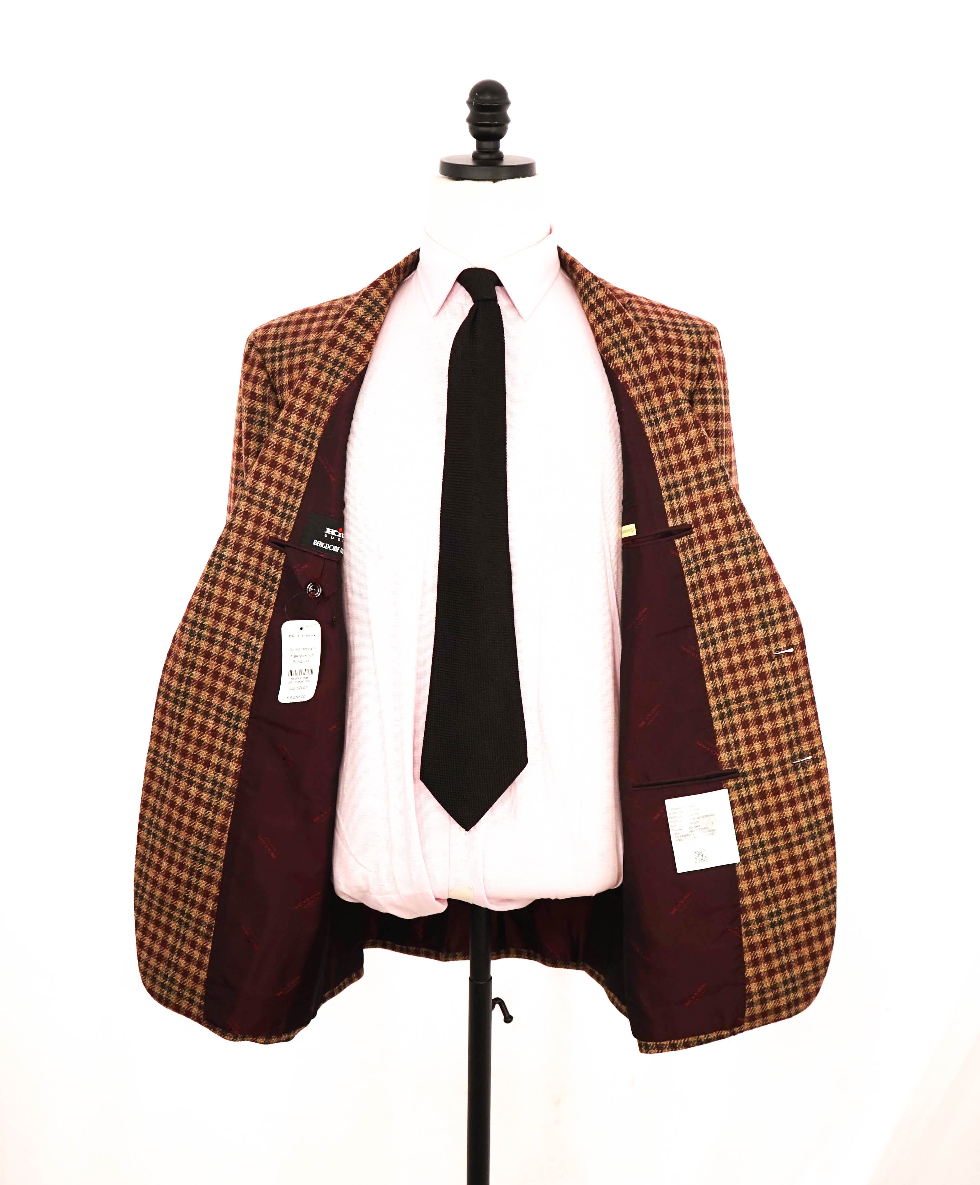 $9,600 KITON - *PURE CASHMERE* Brown Check Plaid RED MOP BUTTON Blazer - 42L