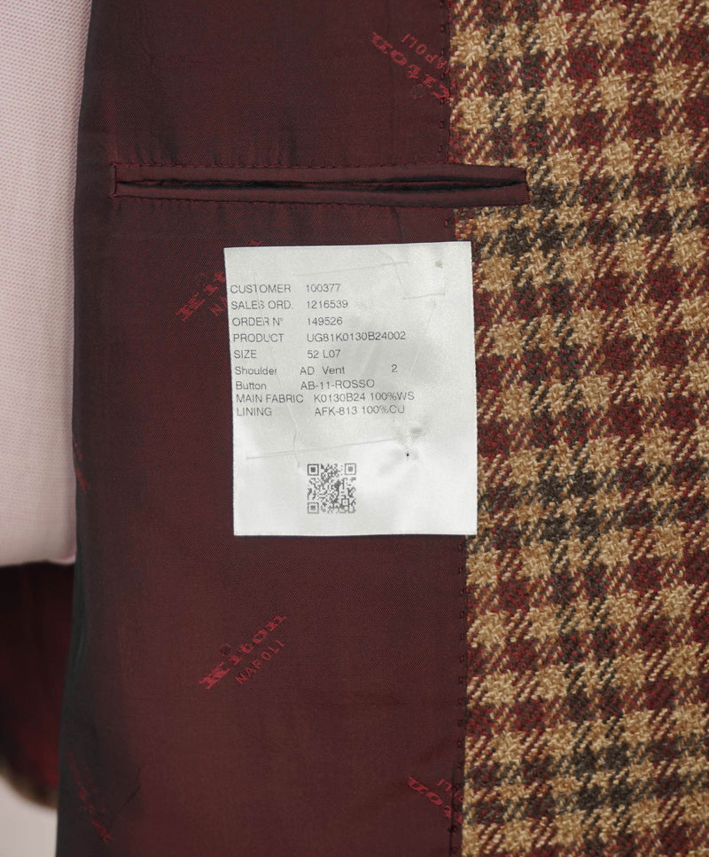 $9,600 KITON - *PURE CASHMERE* Brown Check Plaid RED MOP BUTTON Blazer - 42L