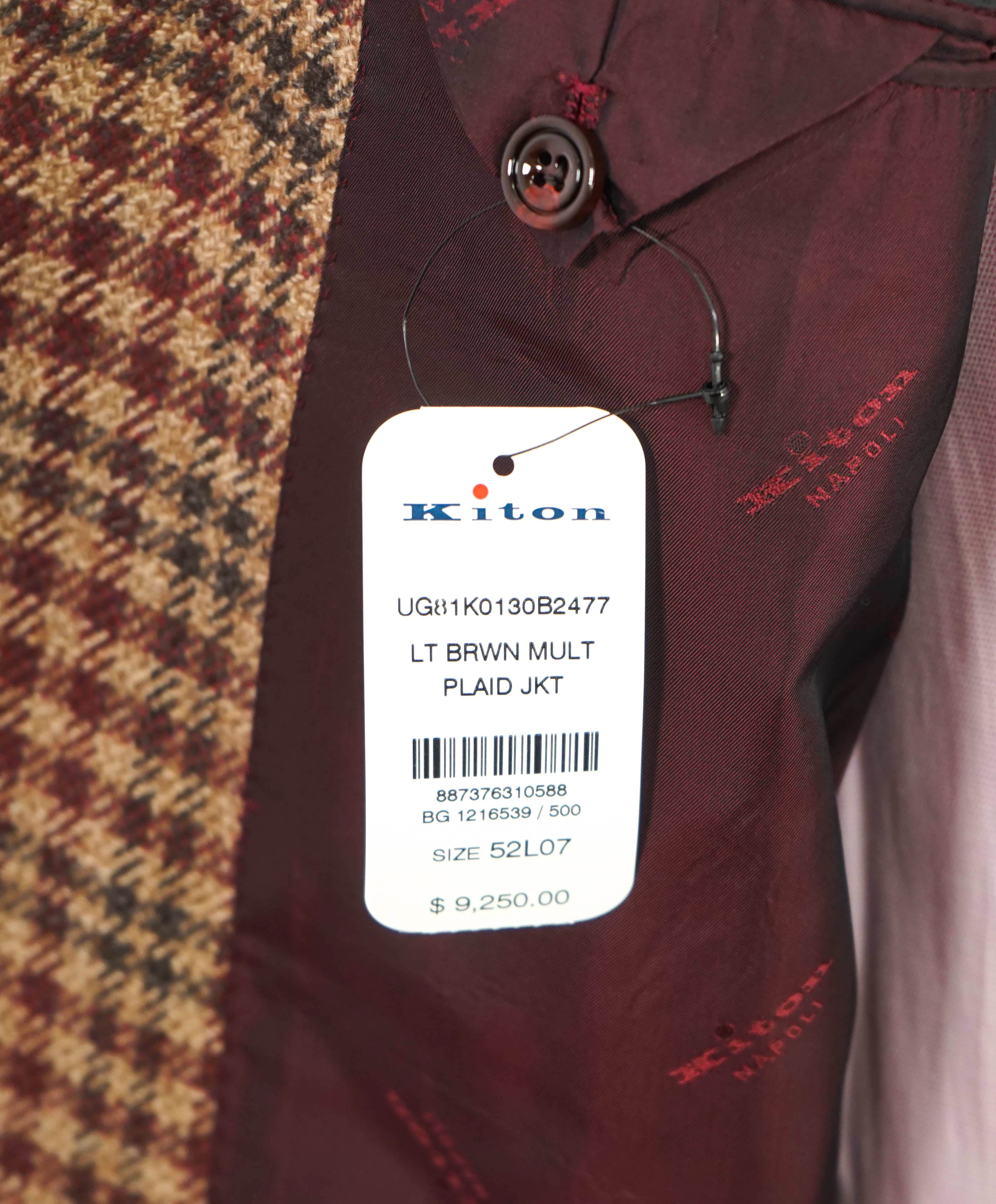 $9,600 KITON - *PURE CASHMERE* Brown Check Plaid RED MOP BUTTON Blazer - 42L